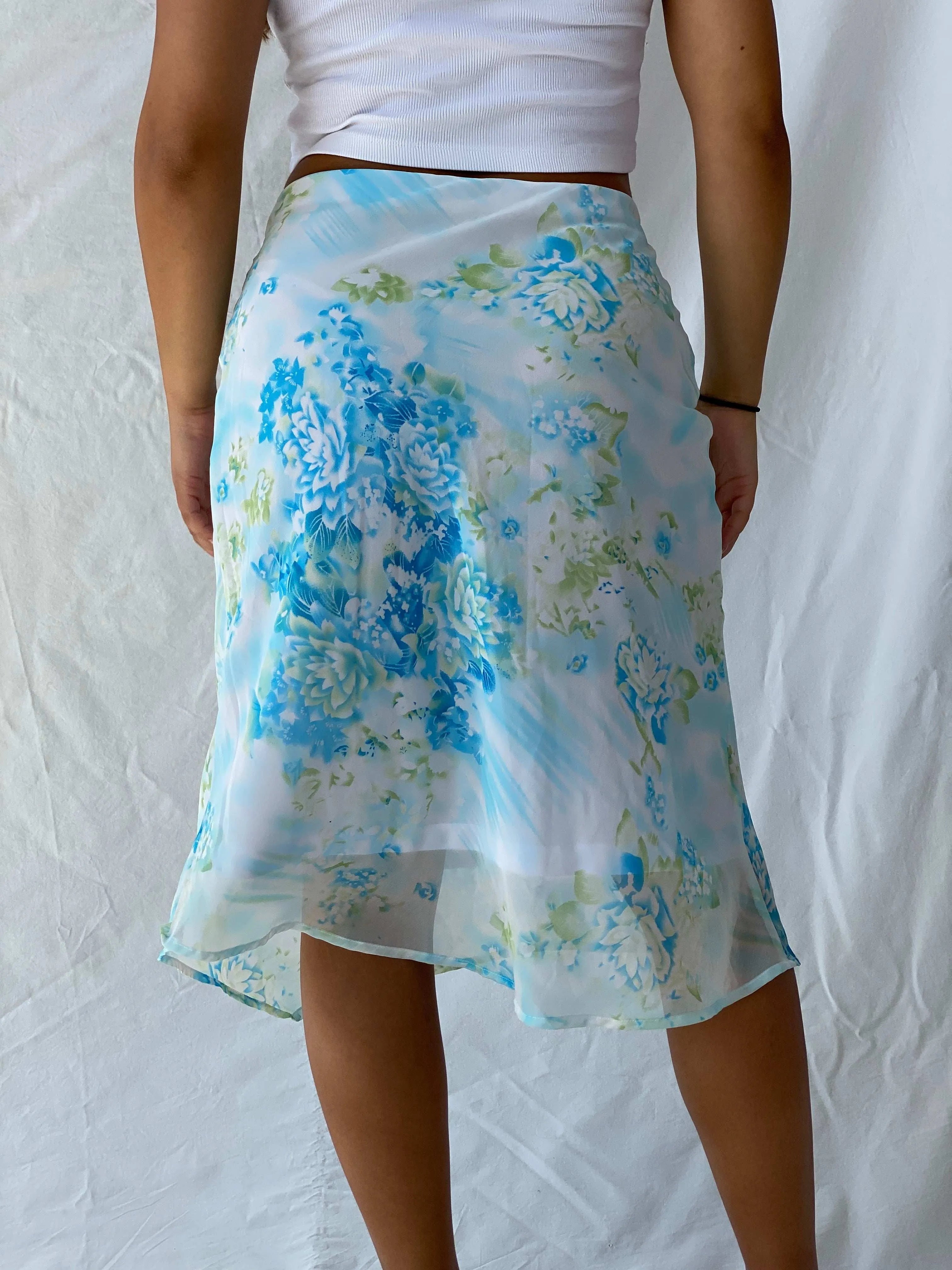 Vintage 90s This Aqua Blue Floral Sheer Chiffon Midi Skirt - M - Balagan Vintage Midi Skirt 00s, Lana, midi skirt, summer