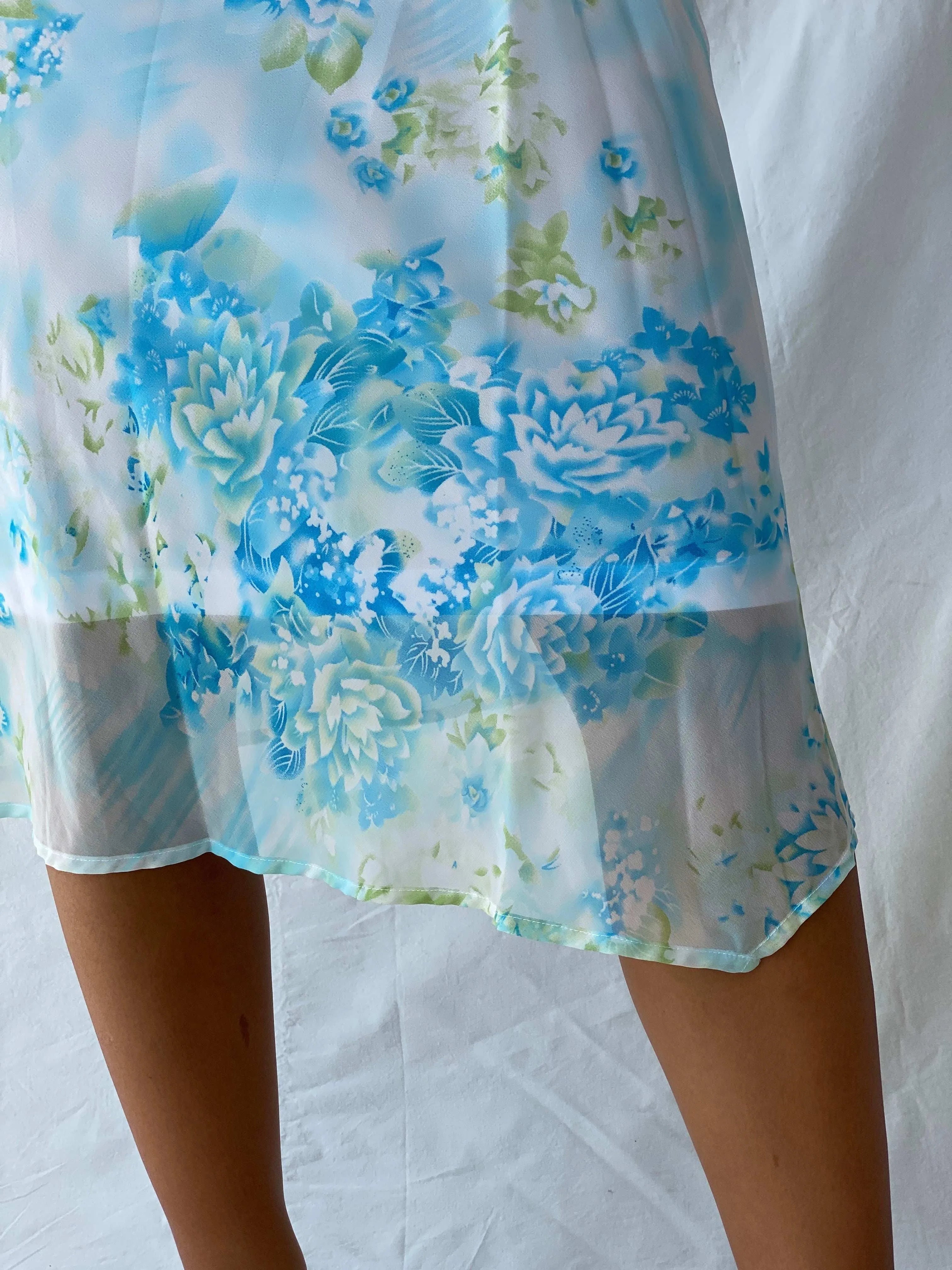 Vintage 90s This Aqua Blue Floral Sheer Chiffon Midi Skirt - M - Balagan Vintage Midi Skirt 00s, Lana, midi skirt, summer