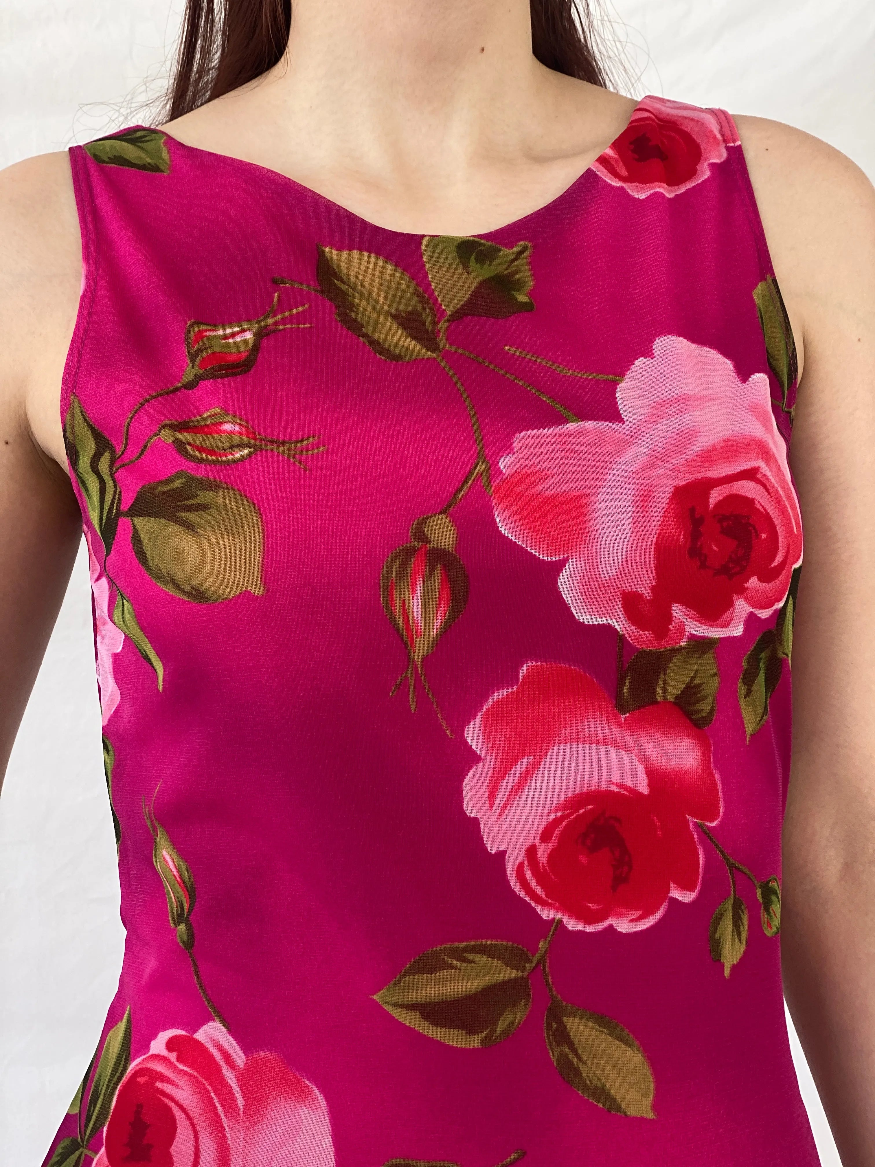 Vintage 90s Tropical Floral Midi Pink Sleeveless Dress - M - Balagan Vintage Midi Dress Ayah, dress, floral, floral dress, midi dress