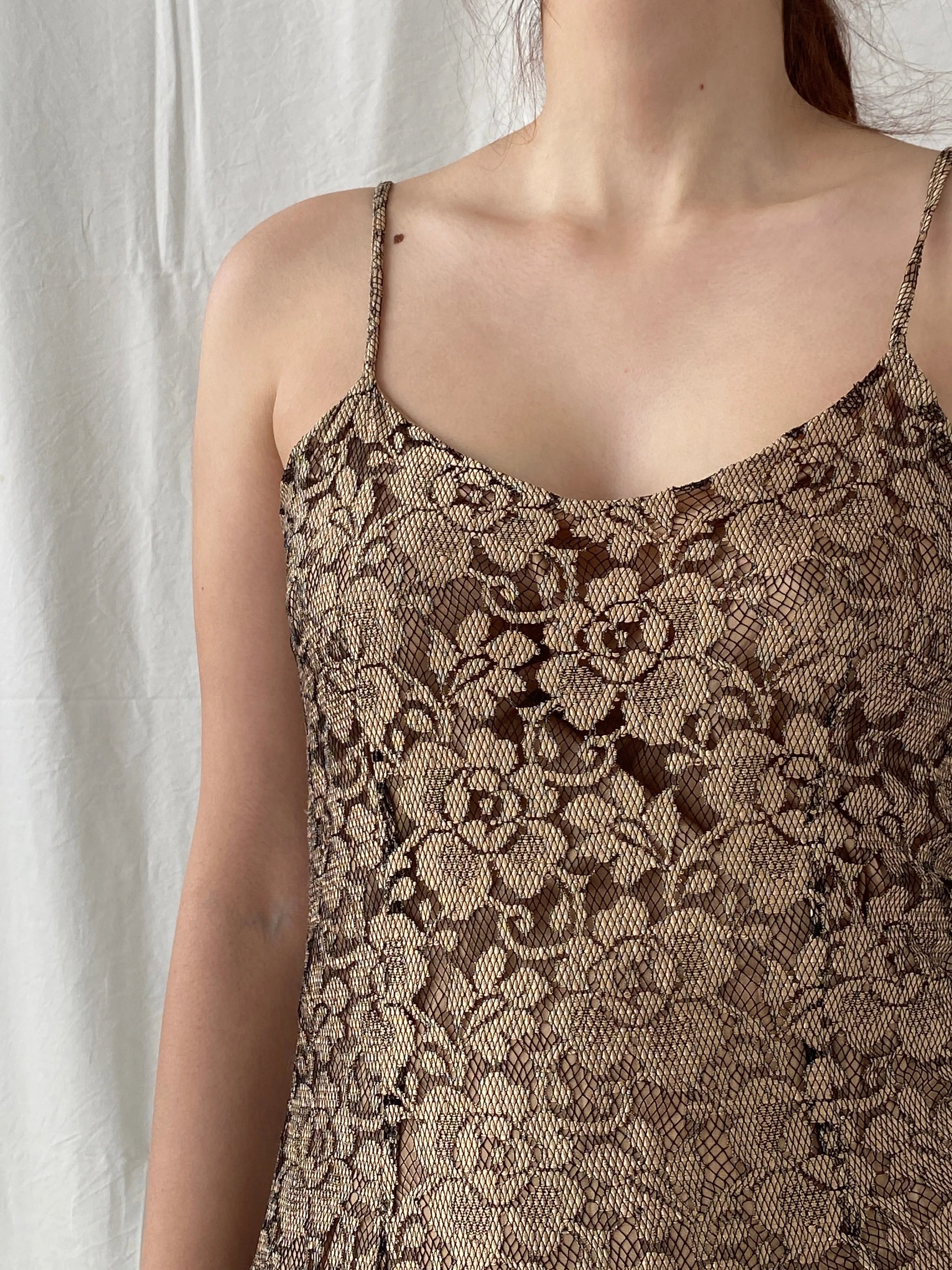Vintage 90s Wallis Black Gold Lace Maxi Slip Dress with Back Slit - M - Balagan Vintage Maxi Dress Ayah, dress, floral, floral dress, maxi dress, Wedding Guest