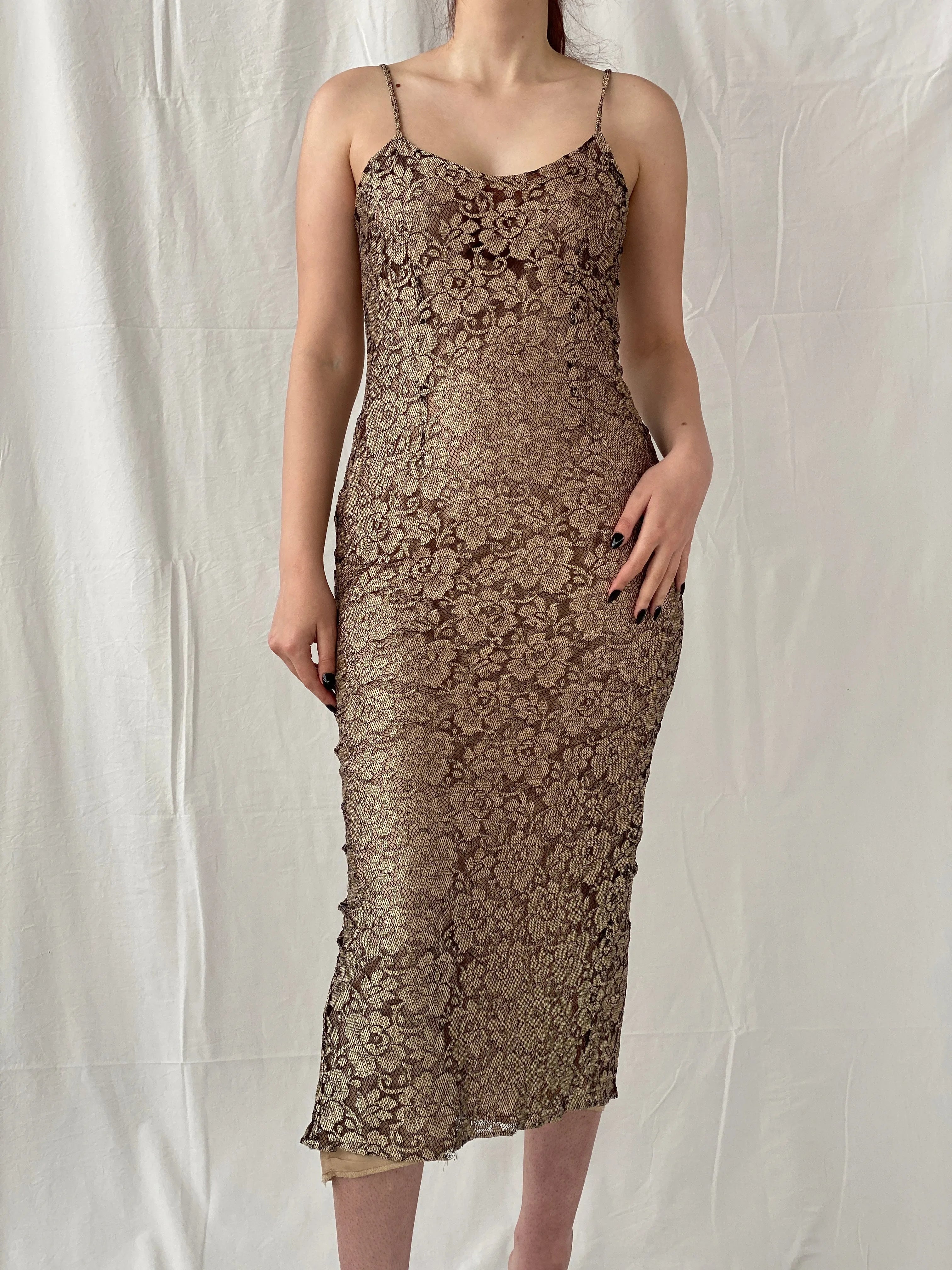 Vintage 90s Wallis Black Gold Lace Maxi Slip Dress with Back Slit - M - Balagan Vintage Maxi Dress Ayah, dress, floral, floral dress, maxi dress, Wedding Guest