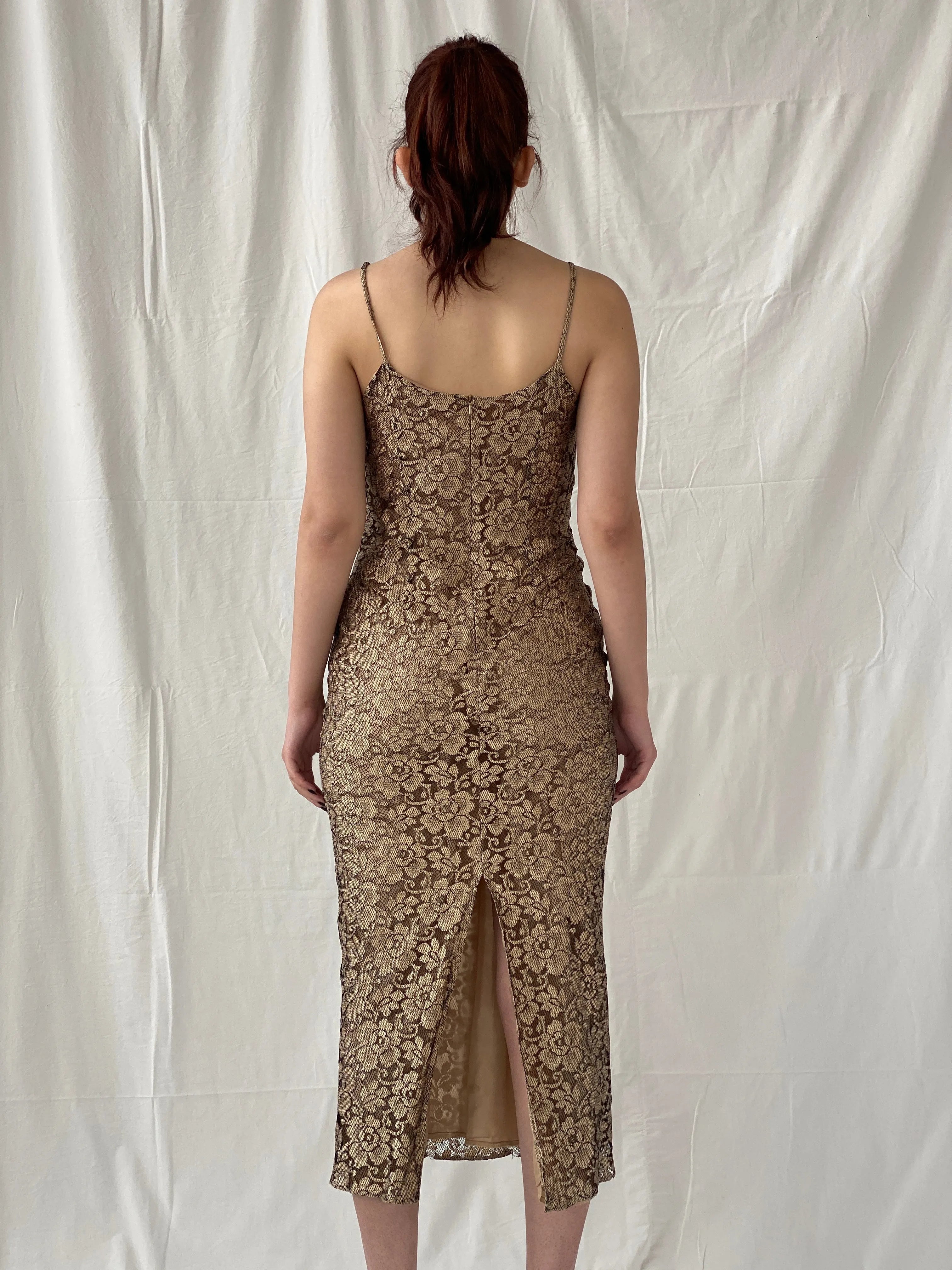 Vintage 90s Wallis Black Gold Lace Maxi Slip Dress with Back Slit - M - Balagan Vintage Maxi Dress Ayah, dress, floral, floral dress, maxi dress, Wedding Guest
