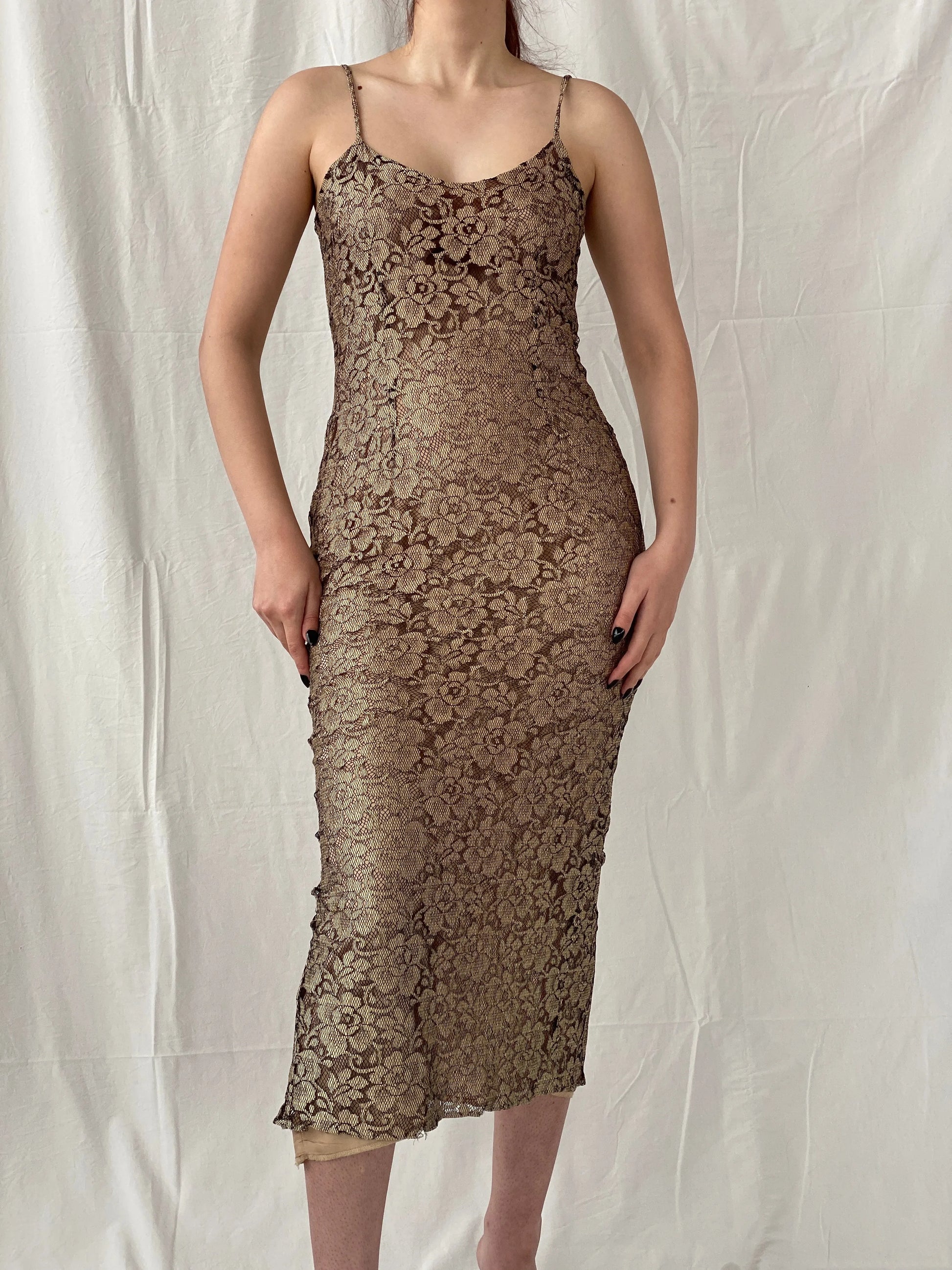 Vintage 90s Wallis Black Gold Lace Maxi Slip Dress with Back Slit - M - Balagan Vintage Maxi Dress Ayah, dress, floral, floral dress, maxi dress, Wedding Guest
