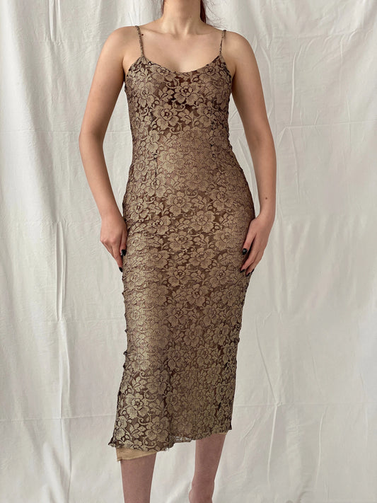 Vintage 90s Wallis Black Gold Lace Maxi Slip Dress with Back Slit - M - Balagan Vintage Maxi Dress Ayah, dress, floral, floral dress, maxi dress, Wedding Guest