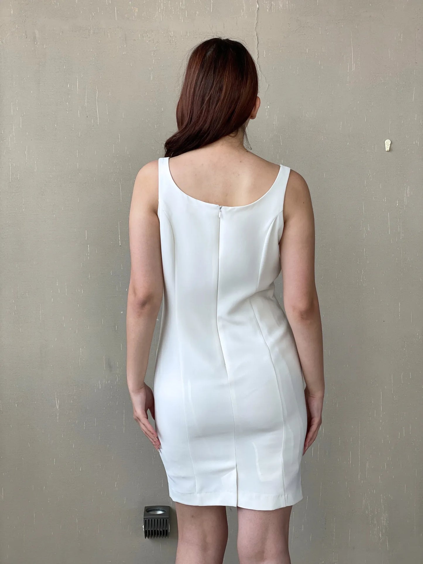 Vintage 90s Wallis White Sleeveless Fitted Midi Dress with Beading - M - Balagan Vintage Midi Dress 90s, 90s dress, Ayah, consignment, dress, Janan, Wedding Guest