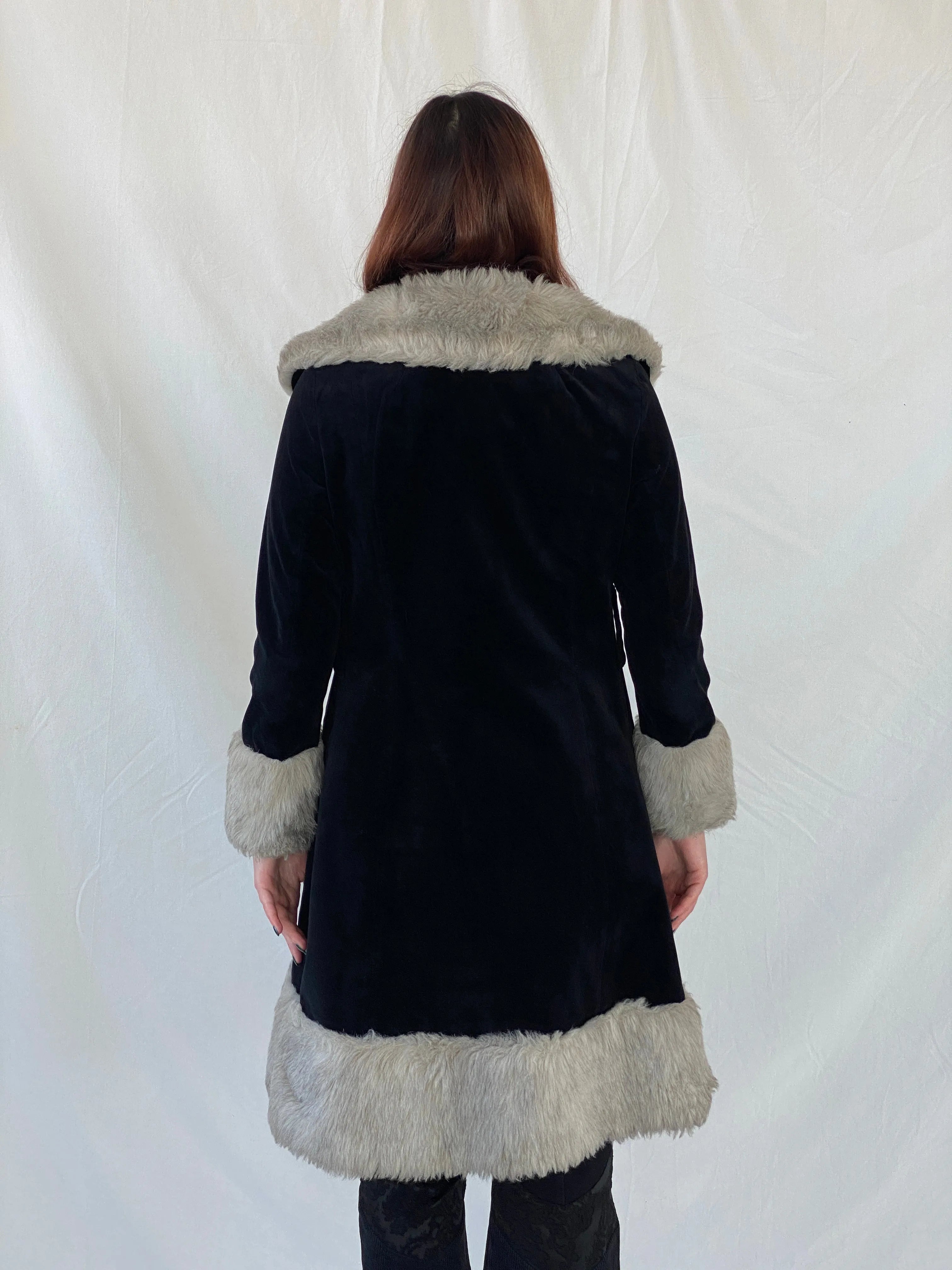 Vintage 90s Wild Rose Penny Lane Black Faux Grey Fur Afghan Style Coat - M - Balagan Vintage Coat 00s, Afghan style, Ayah, coat, consignment, Janan, vintage coat, winter