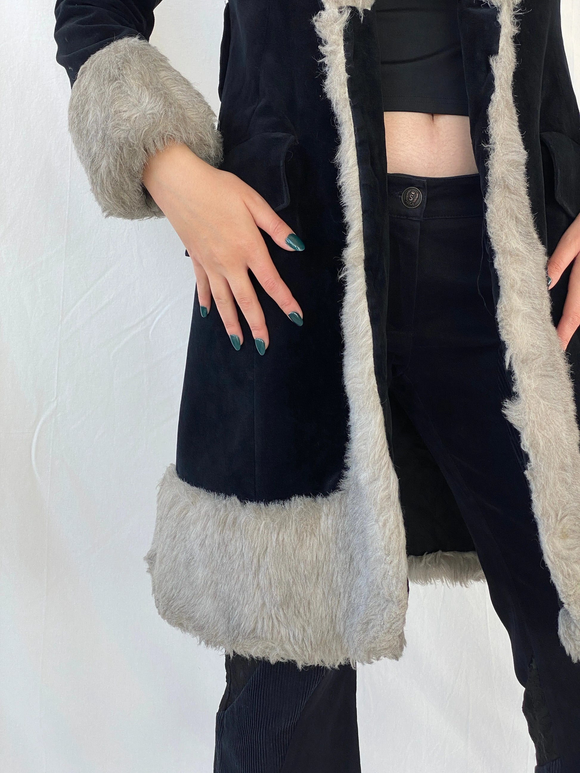Vintage 90s Wild Rose Penny Lane Black Faux Grey Fur Afghan Style Coat - M - Balagan Vintage Coat 00s, Afghan style, Ayah, coat, Coats&Jackets, consignment, Janan, vintage coat, winter, Women's Coats