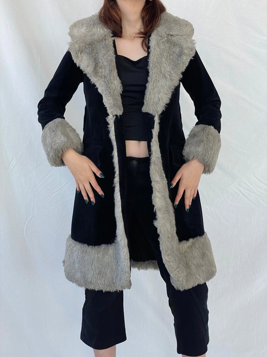 Vintage 90s Wild Rose Penny Lane Black Faux Grey Fur Afghan Style Coat - M - Balagan Vintage Coat 00s, Afghan style, Ayah, coat, Coats&Jackets, consignment, Janan, vintage coat, winter, Women's Coats
