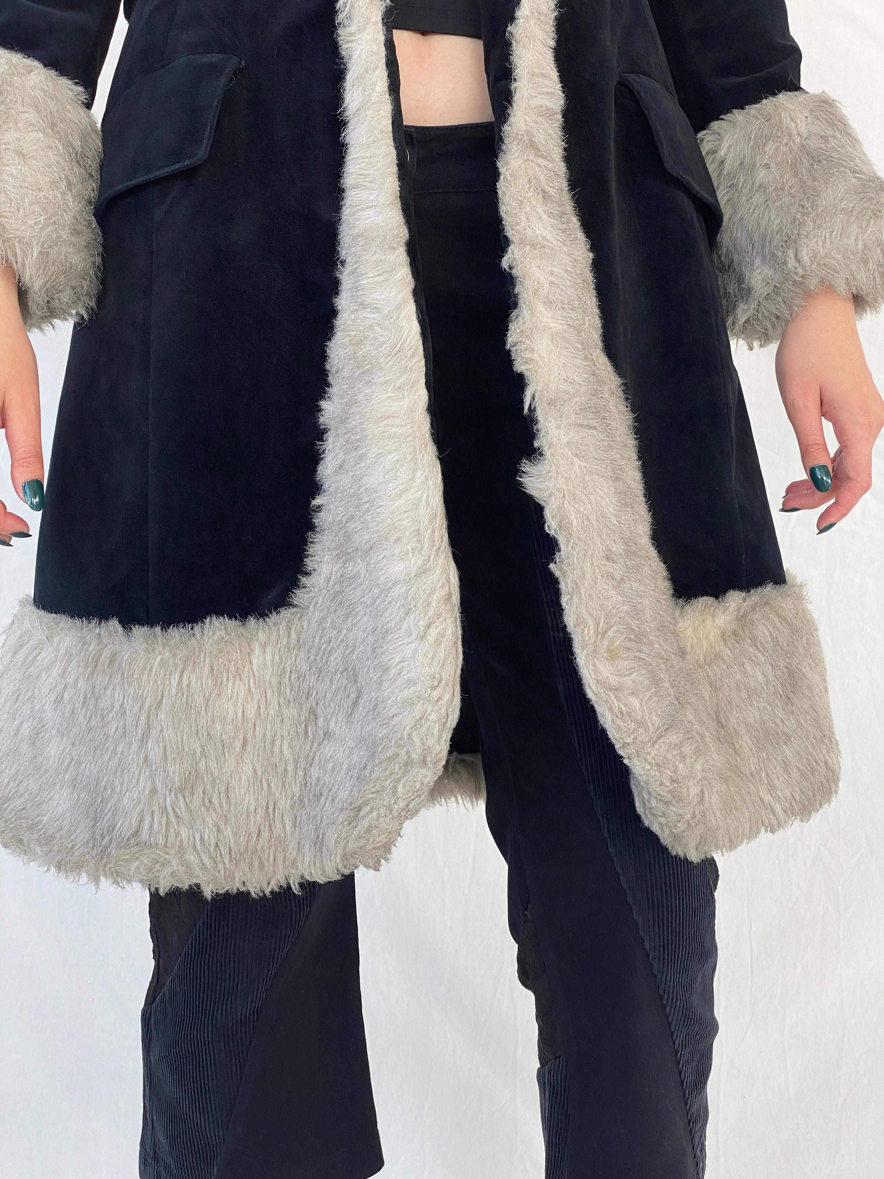 Vintage 90s Wild Rose Penny Lane Black Faux Grey Fur Afghan Style Coat - M - Balagan Vintage Coat 00s, Afghan style, Ayah, coat, consignment, Janan, vintage coat, winter