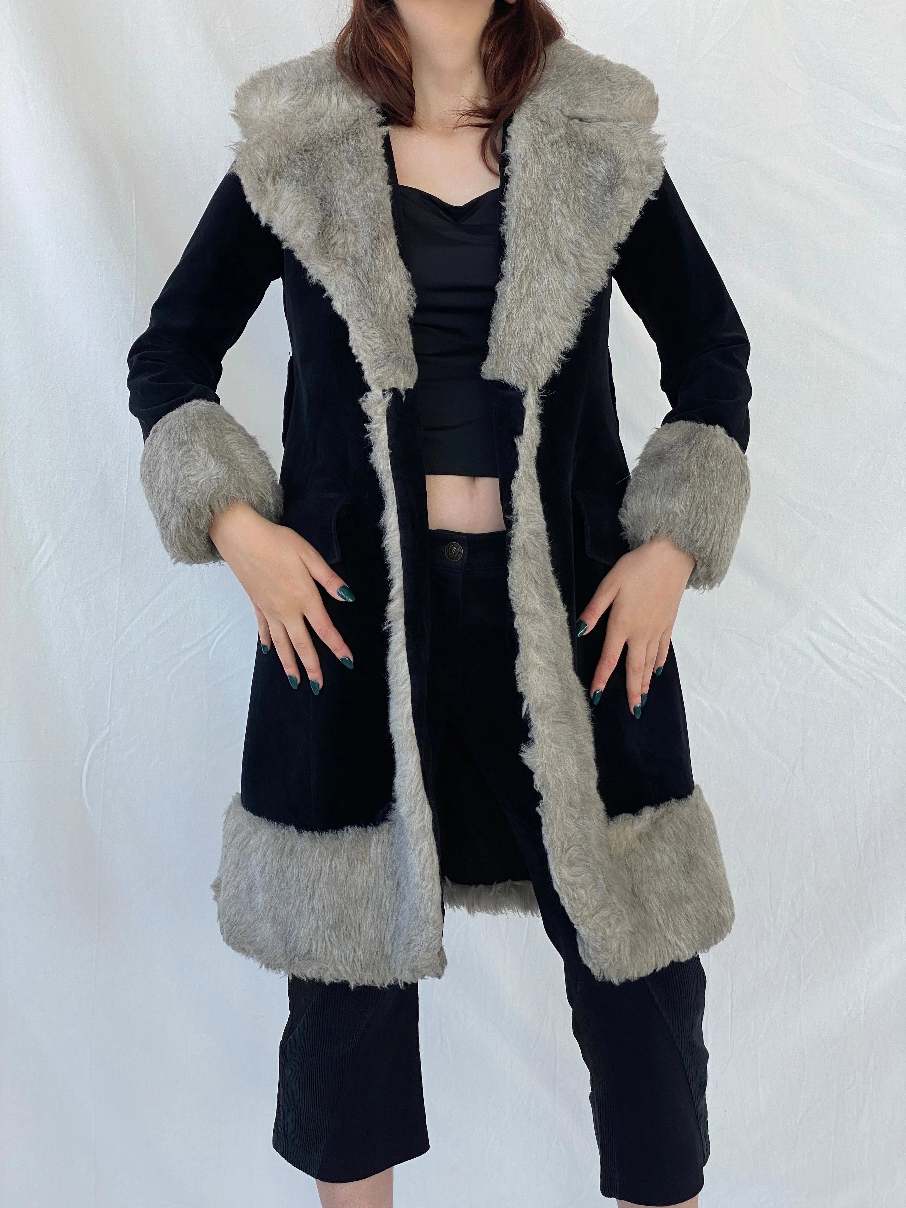 Vintage 90s Wild Rose Penny Lane Black Faux Grey Fur Afghan Style Coat - M - Balagan Vintage Coat 00s, Afghan style, Ayah, coat, consignment, Janan, vintage coat, winter