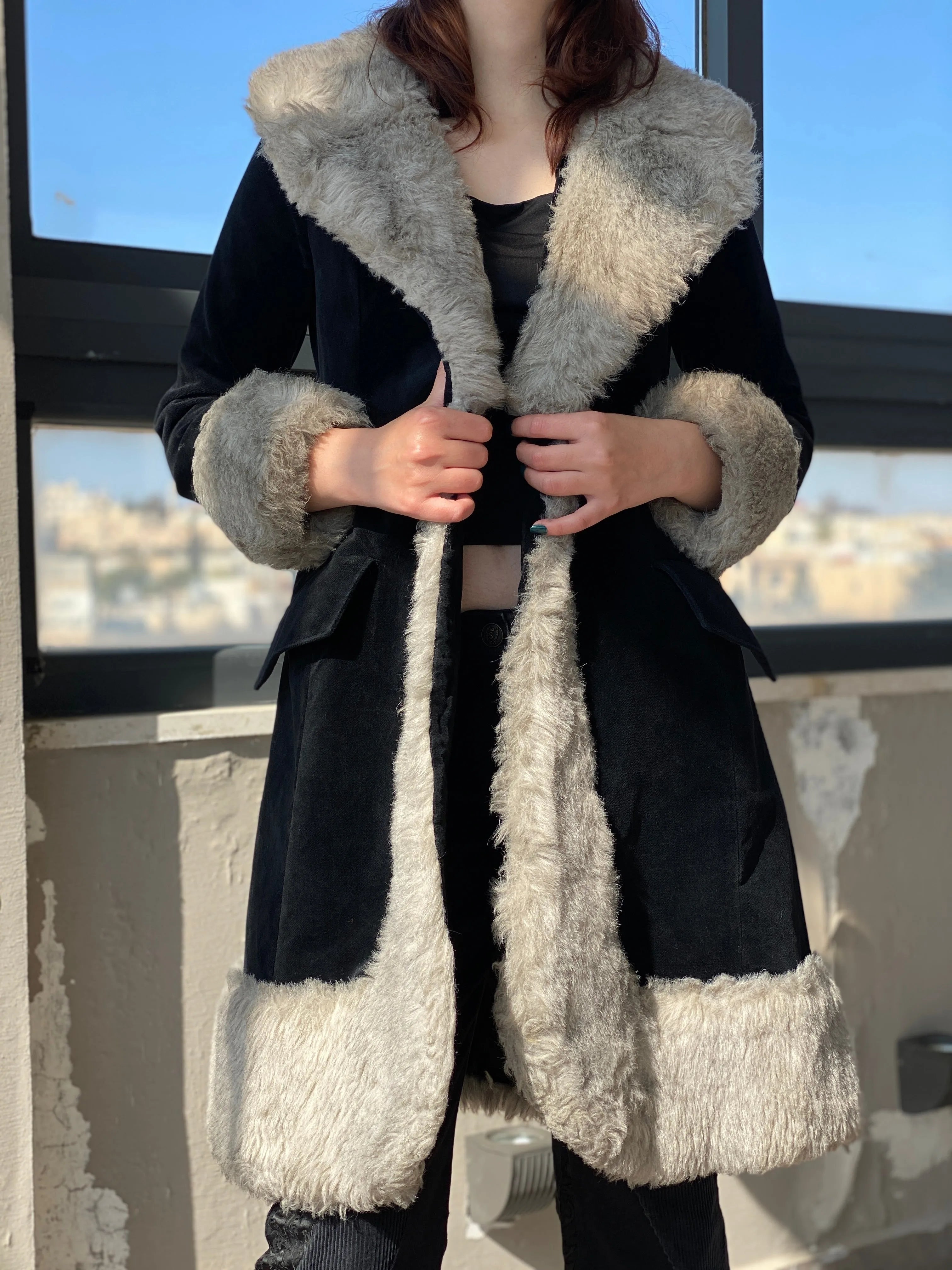 Vintage 90s Wild Rose Penny Lane Black Faux Grey Fur Afghan Style Coat - M - Balagan Vintage Coat 00s, Afghan style, Ayah, coat, consignment, Janan, vintage coat, winter