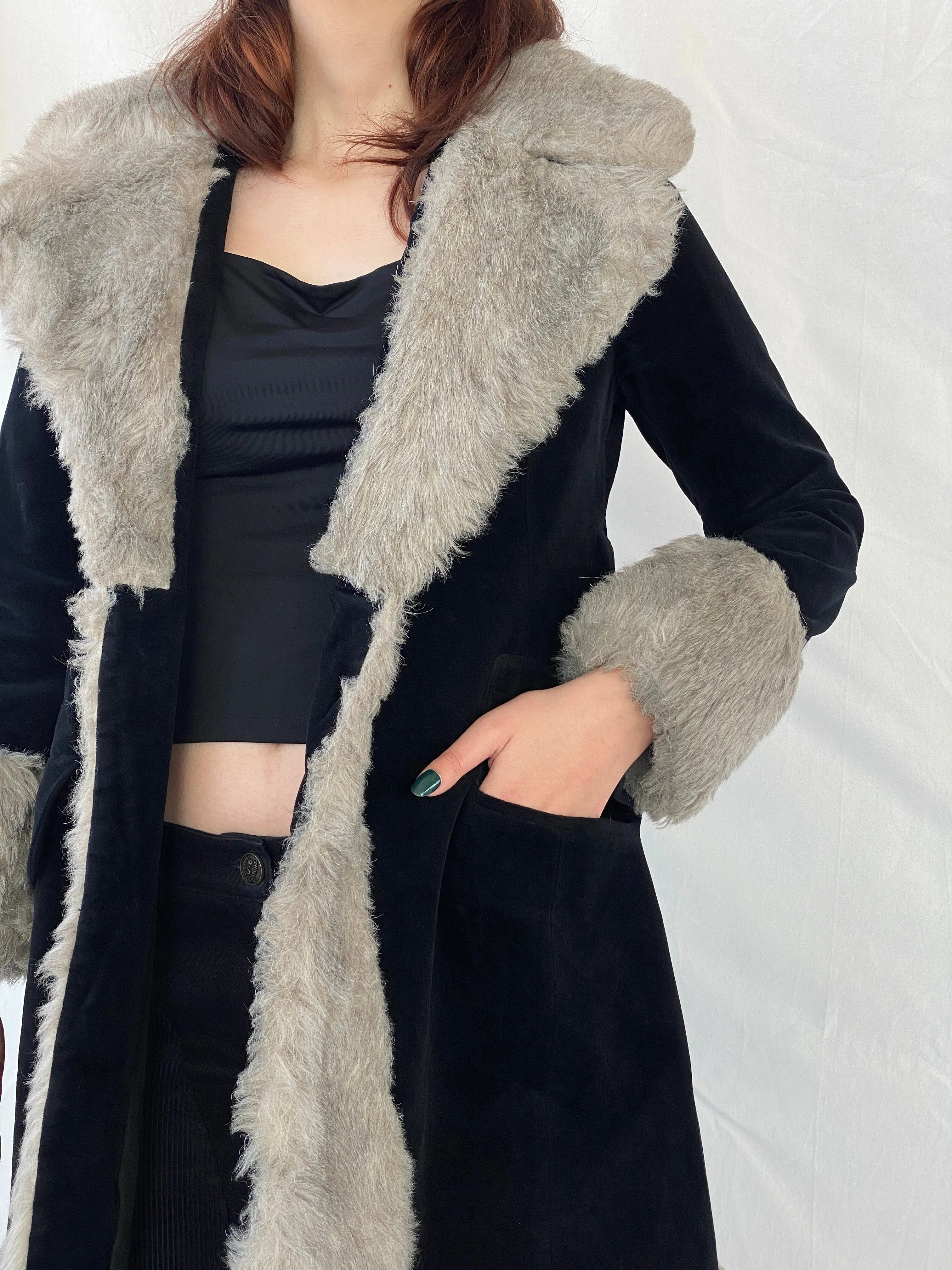 Vintage 90s Wild Rose Penny Lane Black Faux Grey Fur Afghan Style Coat - M - Balagan Vintage Coat 00s, Afghan style, Ayah, coat, consignment, Janan, vintage coat, winter
