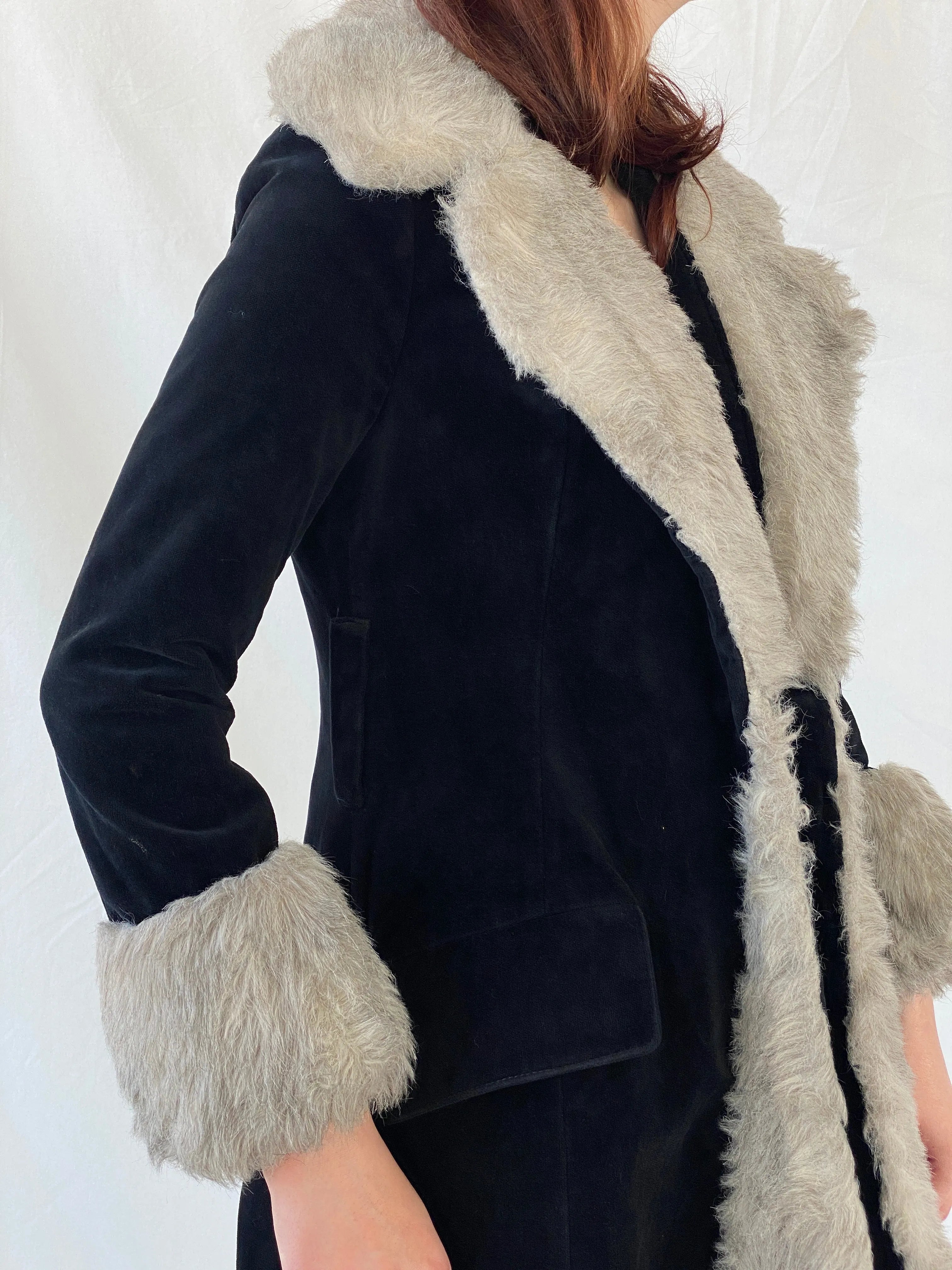 Vintage 90s Wild Rose Penny Lane Black Faux Grey Fur Afghan Style Coat - M - Balagan Vintage Coat 00s, Afghan style, Ayah, coat, consignment, Janan, vintage coat, winter
