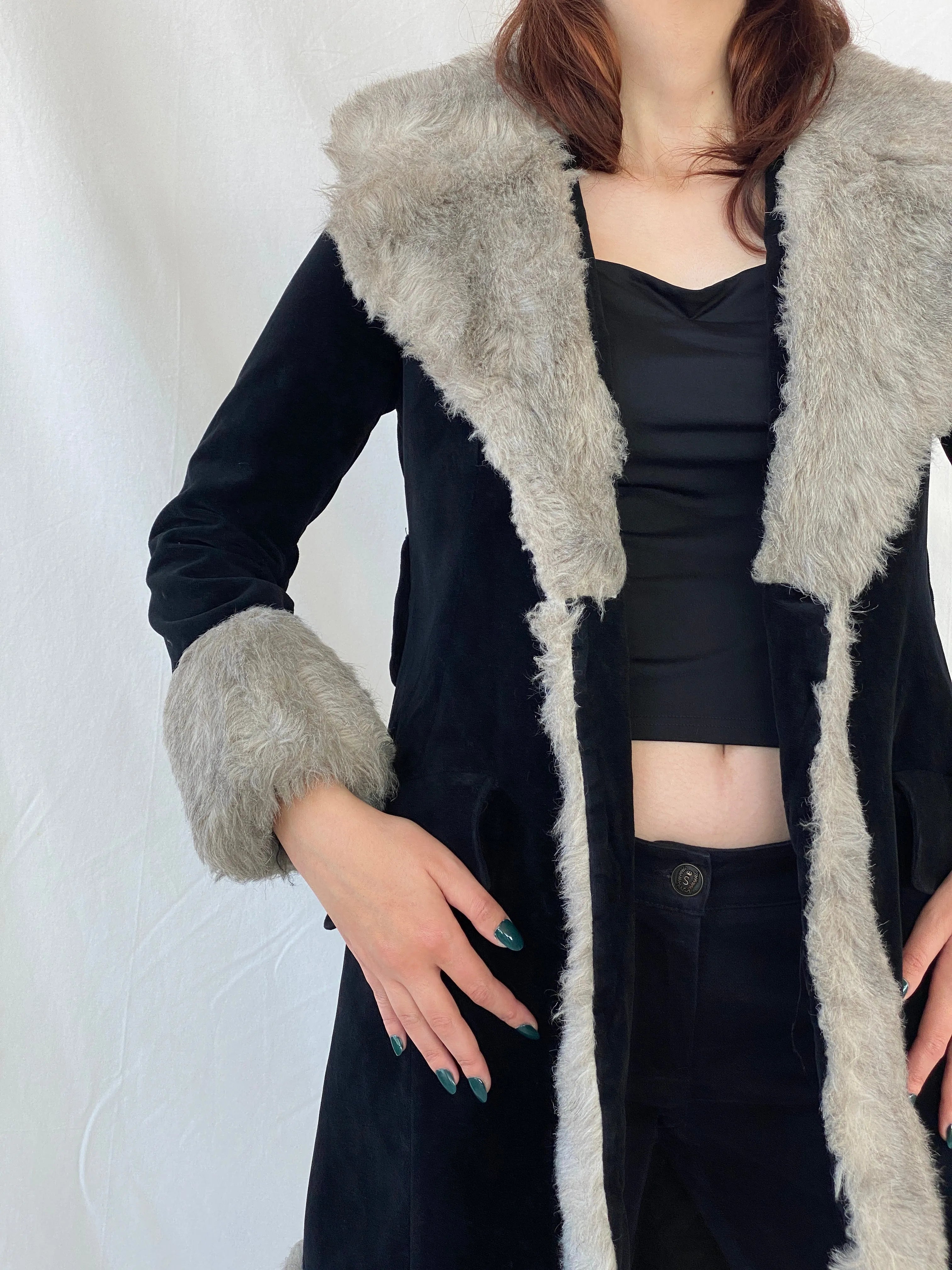 Vintage 90s Wild Rose Penny Lane Black Faux Grey Fur Afghan Style Coat - M - Balagan Vintage Coat 00s, Afghan style, Ayah, coat, consignment, Janan, vintage coat, winter