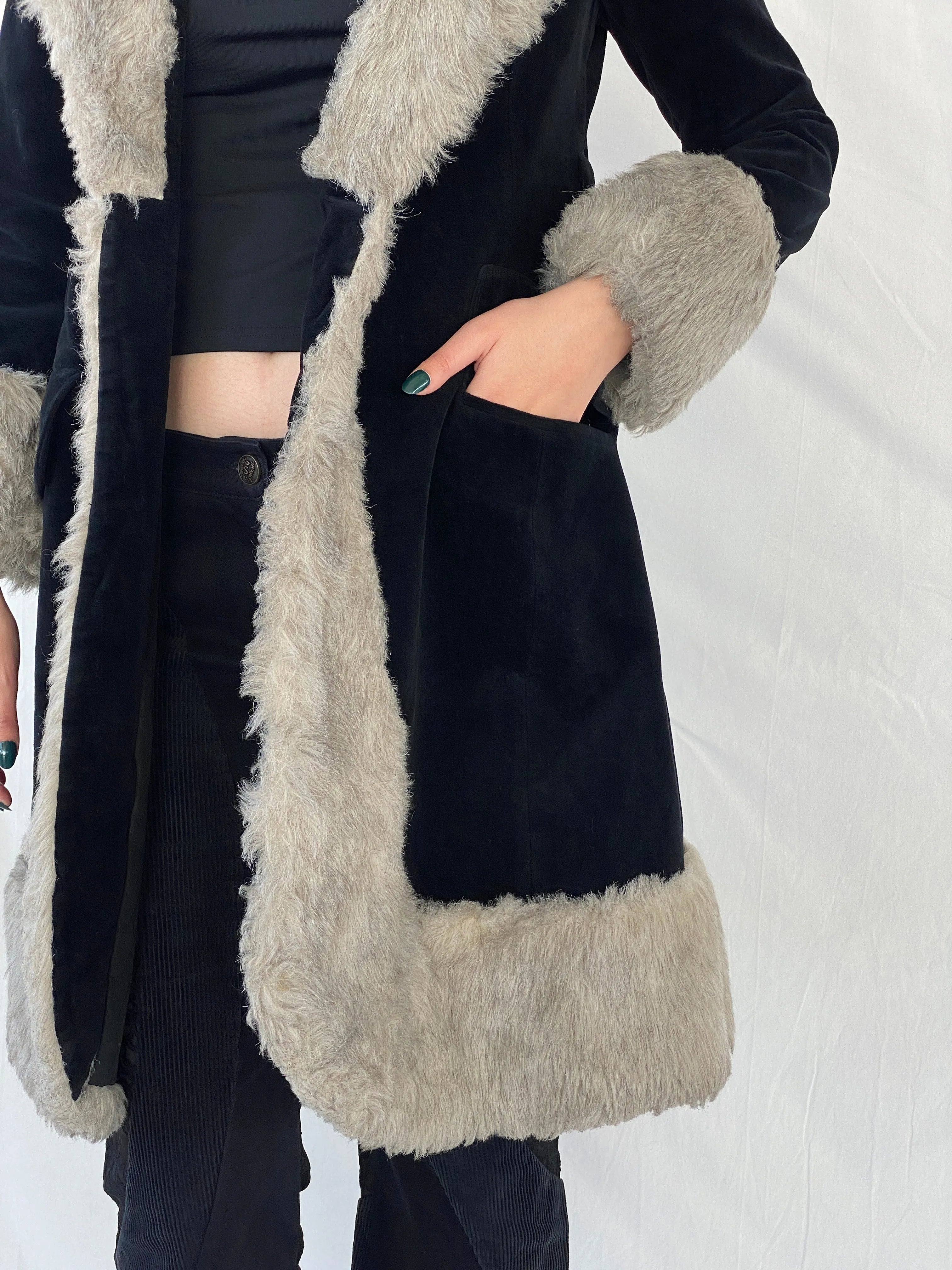 Vintage 90s Wild Rose Penny Lane Black Faux Grey Fur Afghan Style Coat - M - Balagan Vintage Coat 00s, Afghan style, Ayah, coat, consignment, Janan, vintage coat, winter