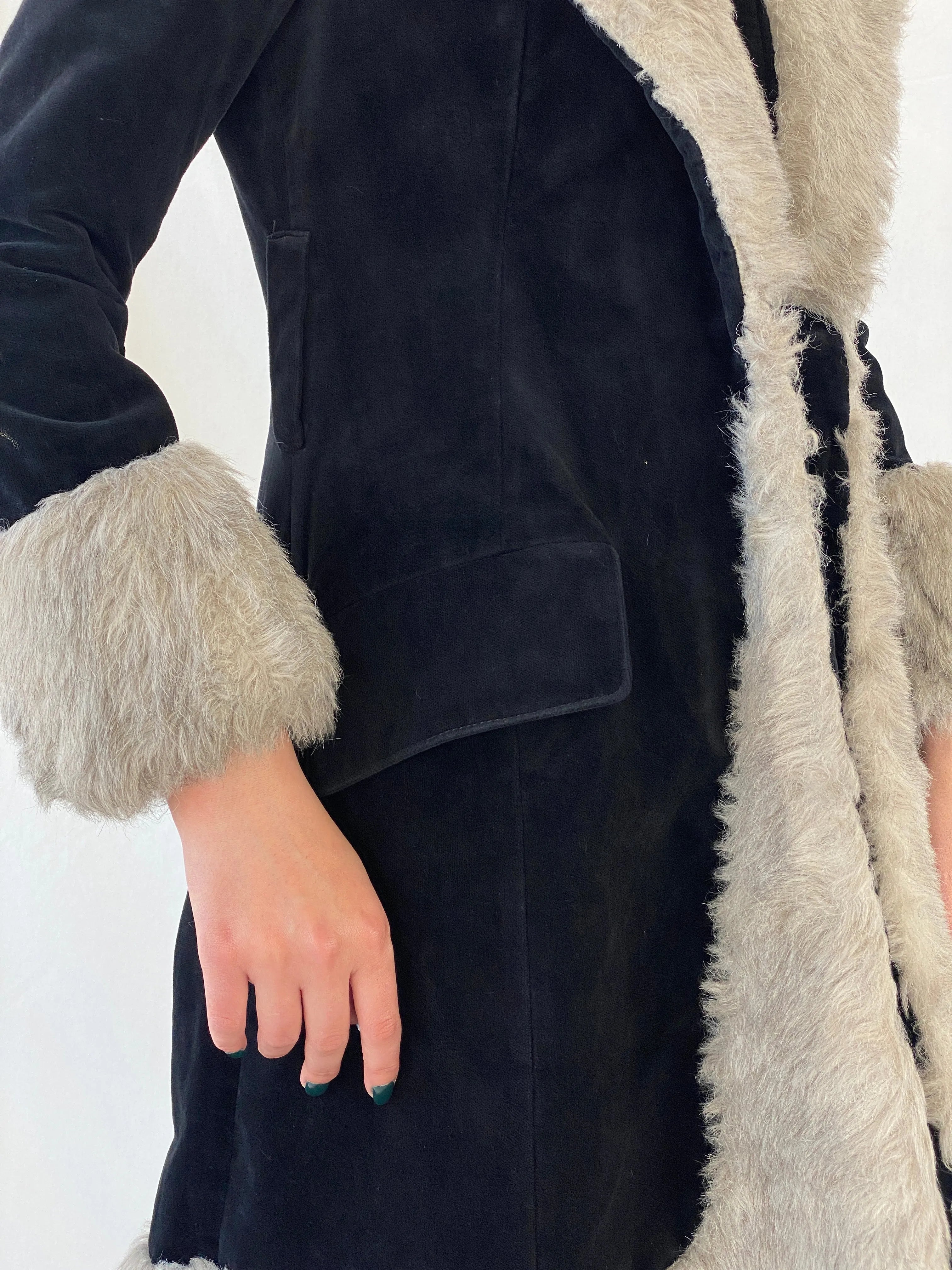 Vintage 90s Wild Rose Penny Lane Black Faux Grey Fur Afghan Style Coat - M - Balagan Vintage Coat 00s, Afghan style, Ayah, coat, consignment, Janan, vintage coat, winter