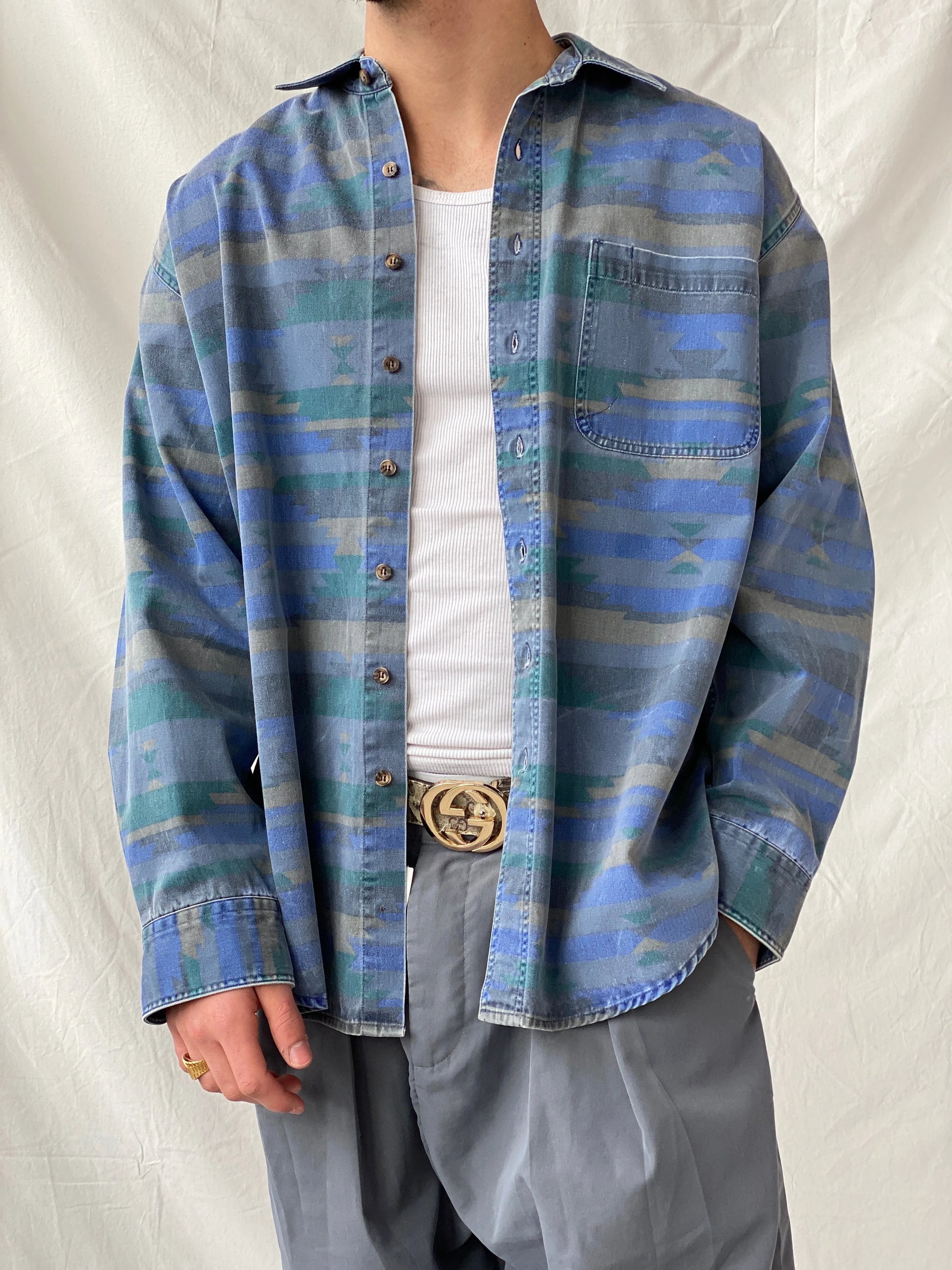 Vintage 90s Woolrich Men’s Long Sleeve Blue Cotton Button Down Shirt - L - Balagan Vintage Full Sleeve Shirt cotton shirt, cowboy, full sleeve shirt, Hamza, printed shirt, shirt