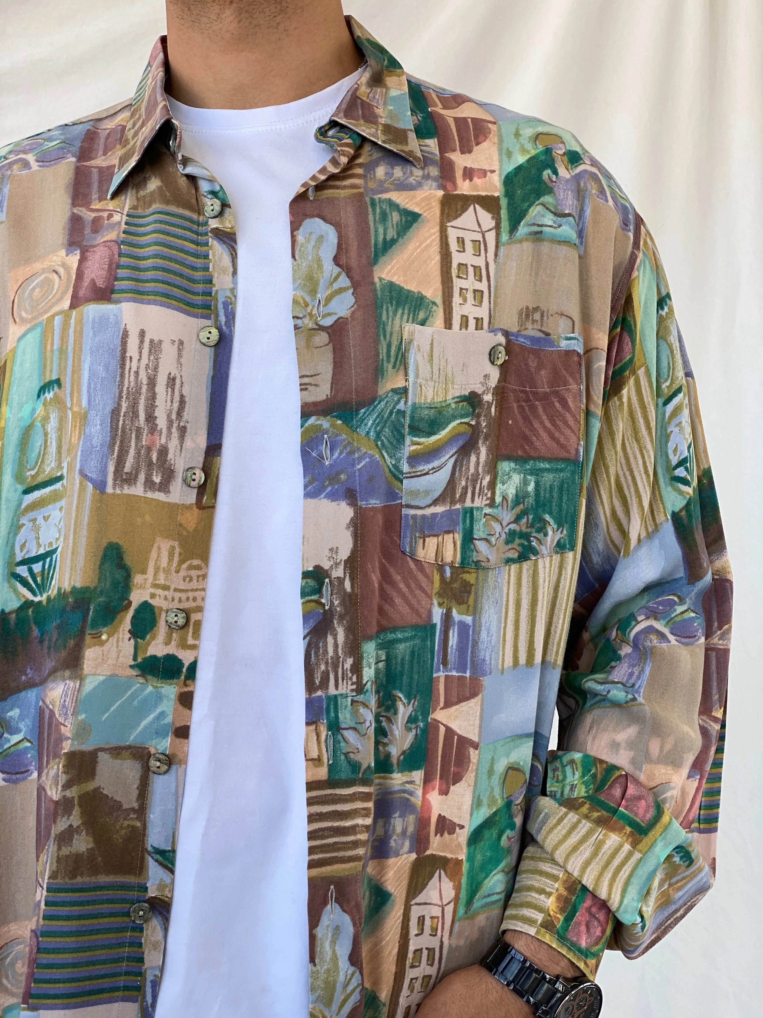Vintage 90s Zazzi Men’s Button Up Printed Shirt - XL - Balagan Vintage Full sleeve Shirt 90s, full sleeve shirt, mens shirt, printed shirt, Ramez
