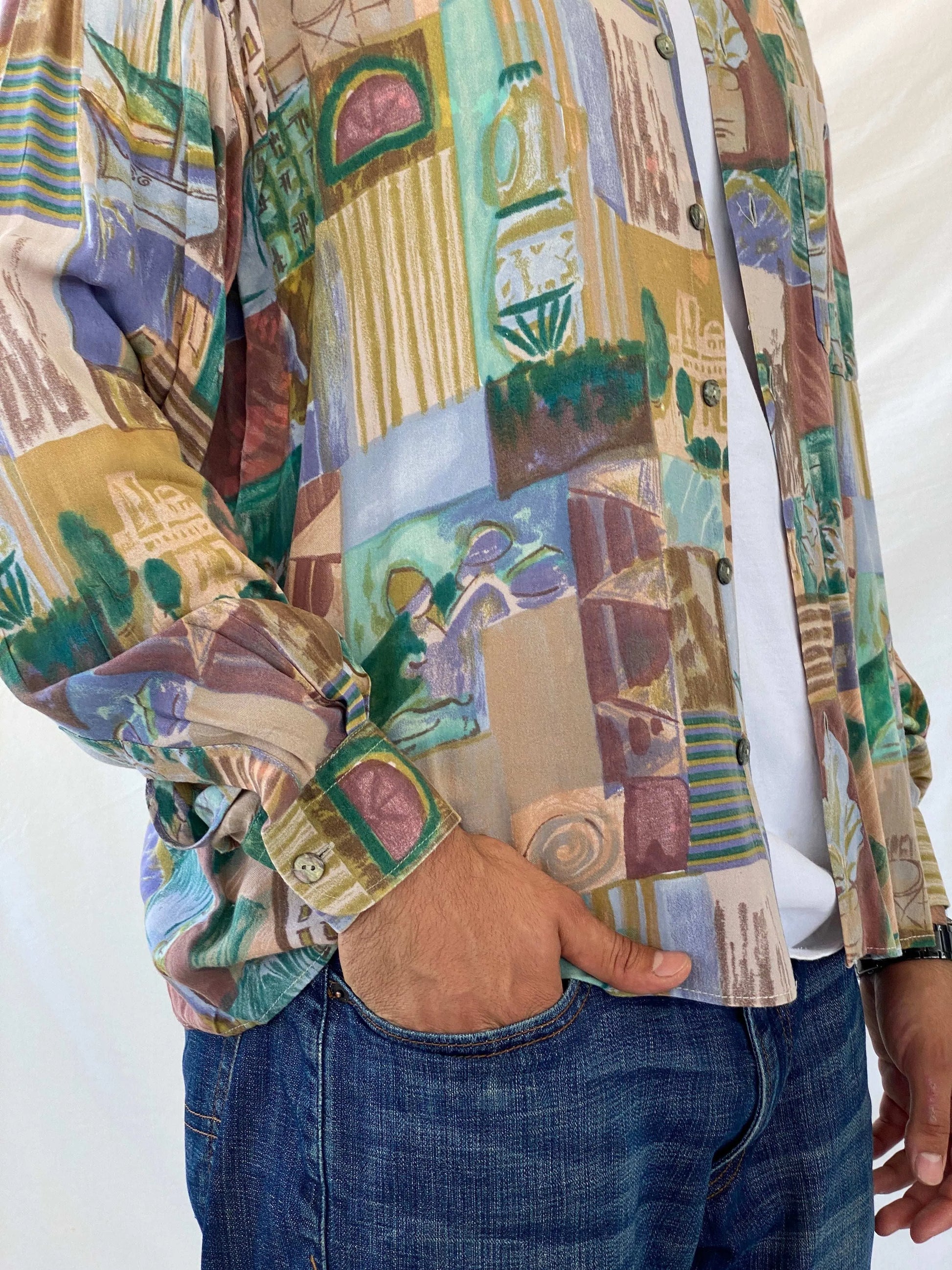 Vintage 90s Zazzi Men’s Button Up Printed Shirt - XL - Balagan Vintage Full sleeve Shirt 90s, full sleeve shirt, mens shirt, printed shirt, Ramez