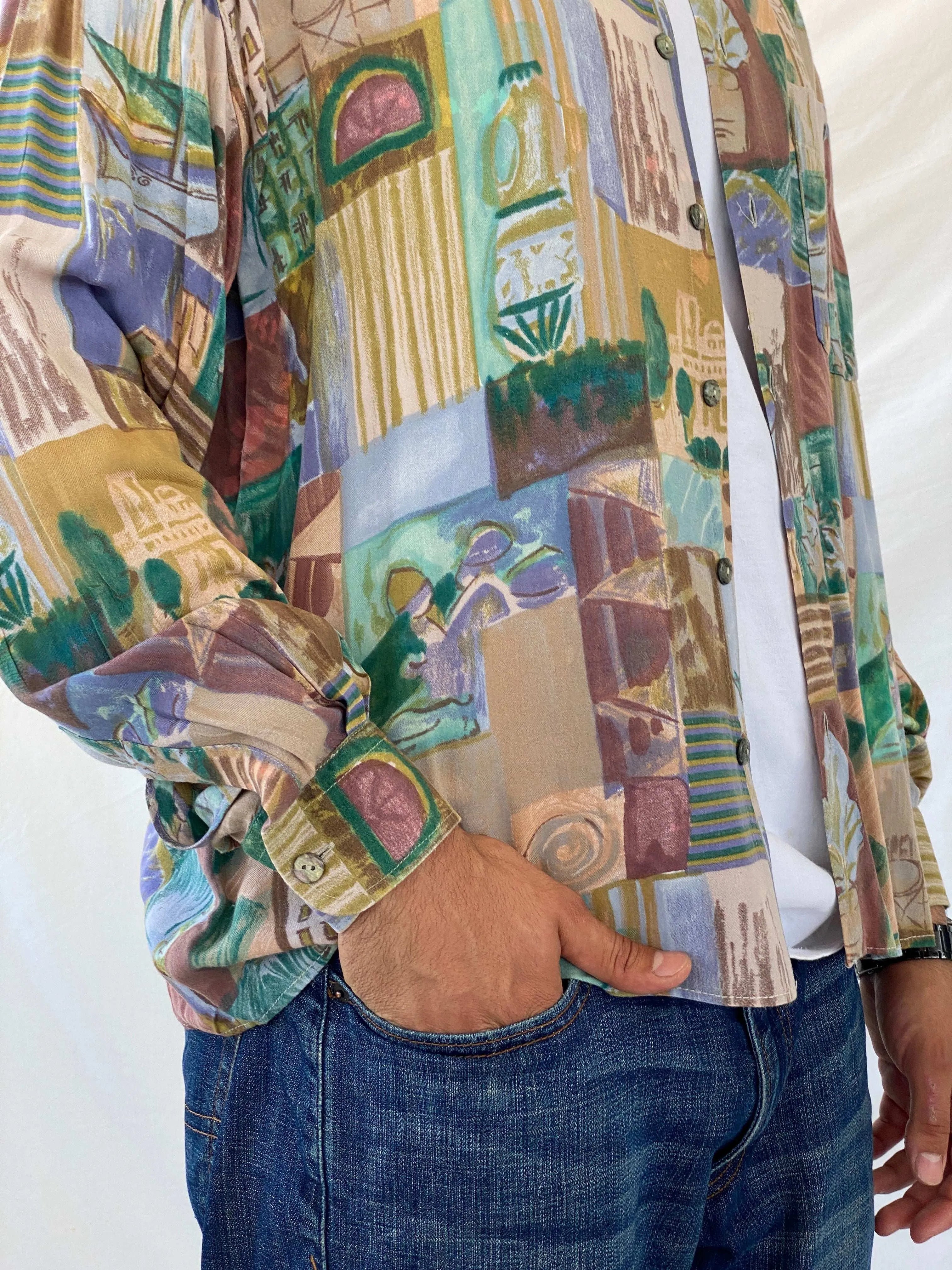 Vintage 90s Zazzi Men’s Button Up Printed Shirt - XL - Balagan Vintage Full sleeve Shirt 90s, full sleeve shirt, mens shirt, printed shirt, Ramez