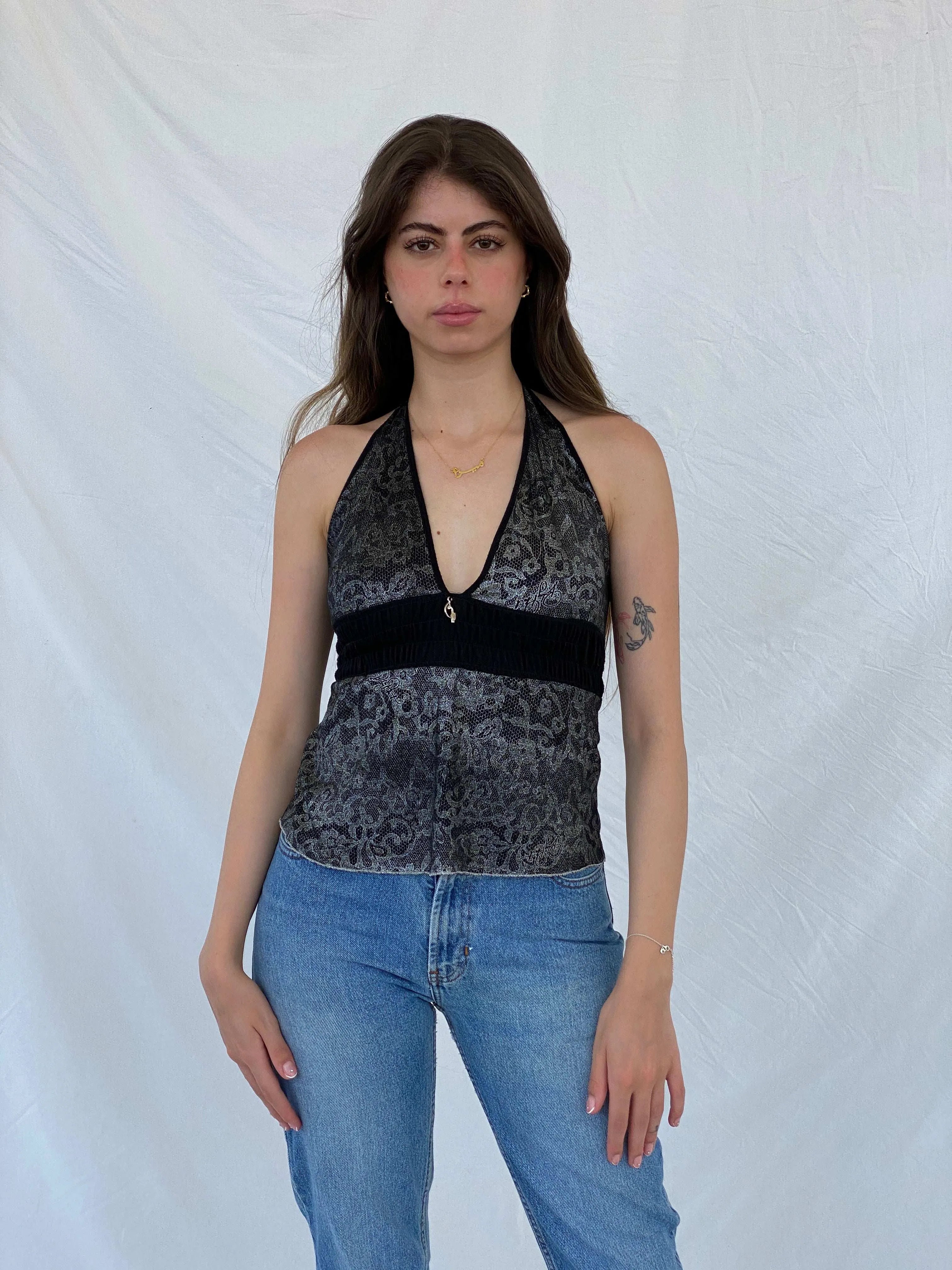 Vintage 90s/00s Baby Phat Black and Silver Floral Halter Top - M - Balagan Vintage Halter Top 00s, 90s, halter top, Mira, shimmer