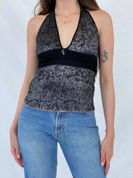 Vintage 90s/00s Baby Phat Black and Silver Floral Halter Top - M - Balagan Vintage Halter Top 00s, 90s, halter top, Mira, shimmer