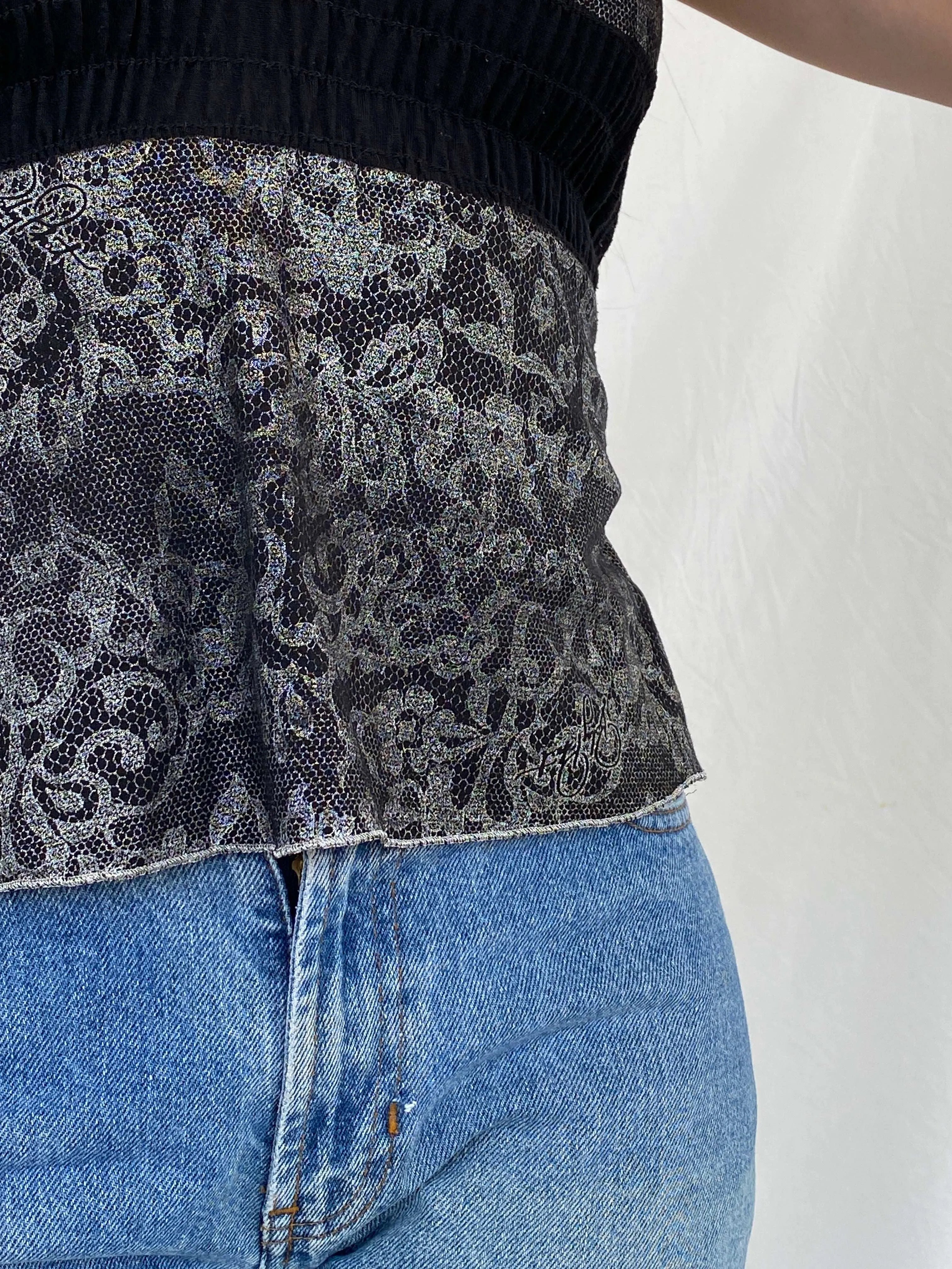 Vintage 90s/00s Baby Phat Black and Silver Floral Halter Top - M - Balagan Vintage Halter Top 00s, 90s, halter top, Mira, shimmer