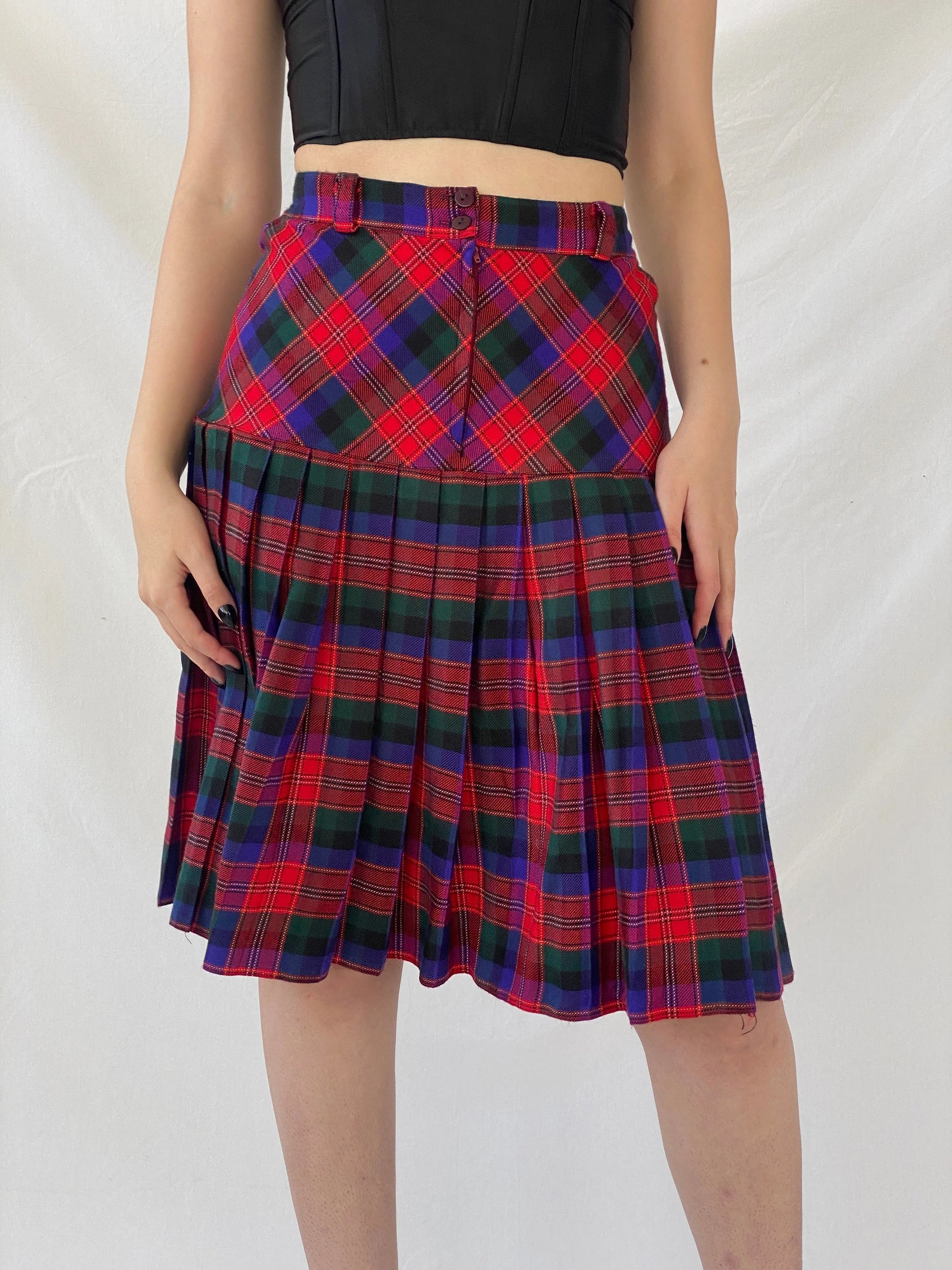 Vintage ABONE Giyim Plaid Pleated Red Wool Blend Midi Drop Waist Skirt - M - Balagan Vintage Midi Skirt Ayah, midi skirt, plaid, plaid skirt, striped, winter