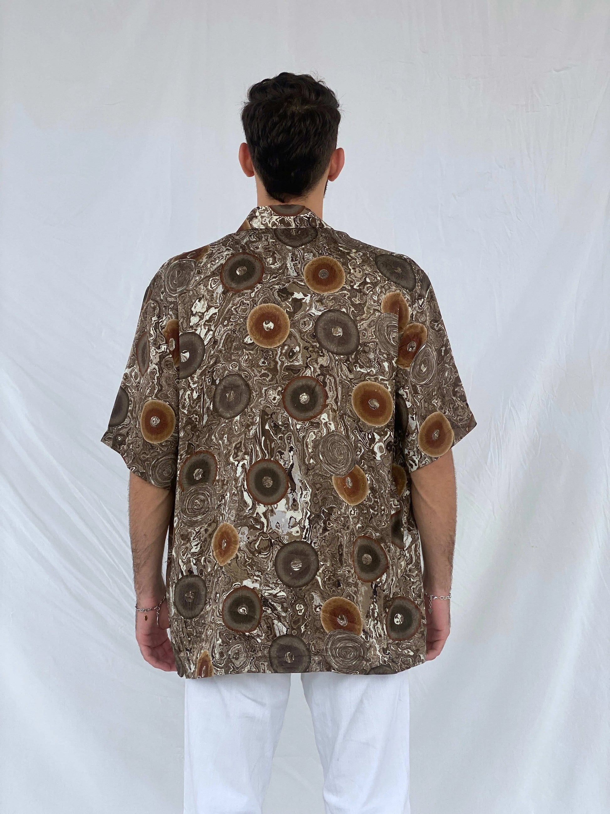 Vintage Alan Stuart Brown Swirly Silk Shirt Size L - Balagan Vintage Half Sleeve Shirt 90s, Awsam, half sleeve shirt, mens shirt, printed shirt, printed silk shirt, silk shirt