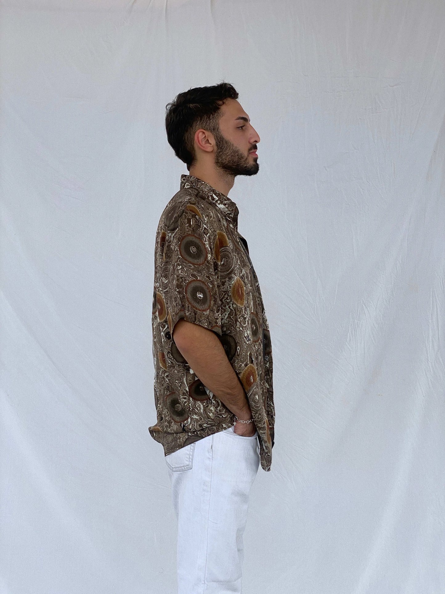 Vintage Alan Stuart Brown Swirly Silk Shirt Size L - Balagan Vintage Half Sleeve Shirt 90s, Awsam, half sleeve shirt, mens shirt, printed shirt, printed silk shirt, silk shirt