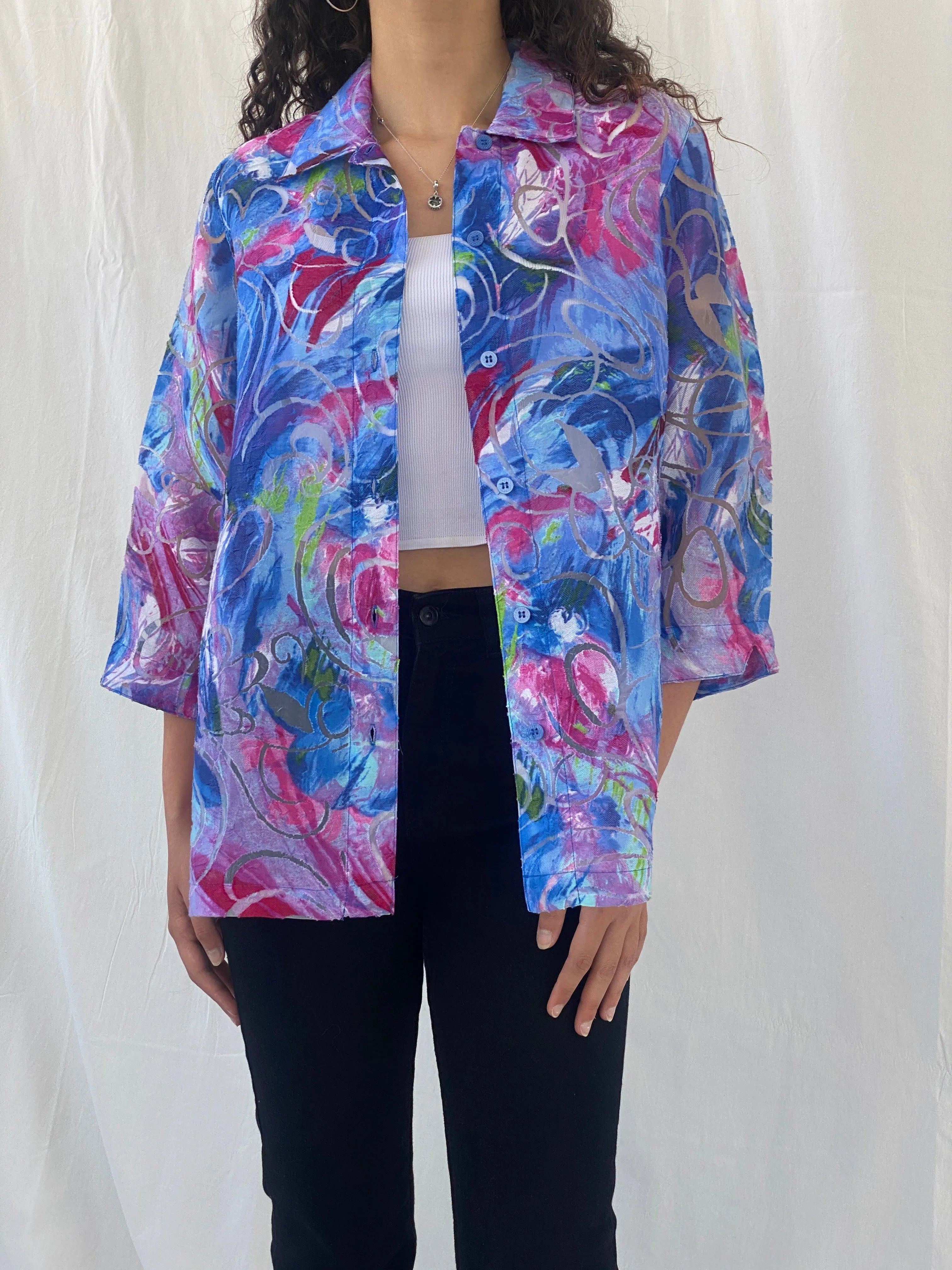 Vintage ALIA Floral Blue Pink Sheer Women’s 3/4 Sleeve Shirt - M - Balagan Vintage Full Sleeve Shirt 00s, Celine, floral shirt, sheer, sheer shirt, women shirt