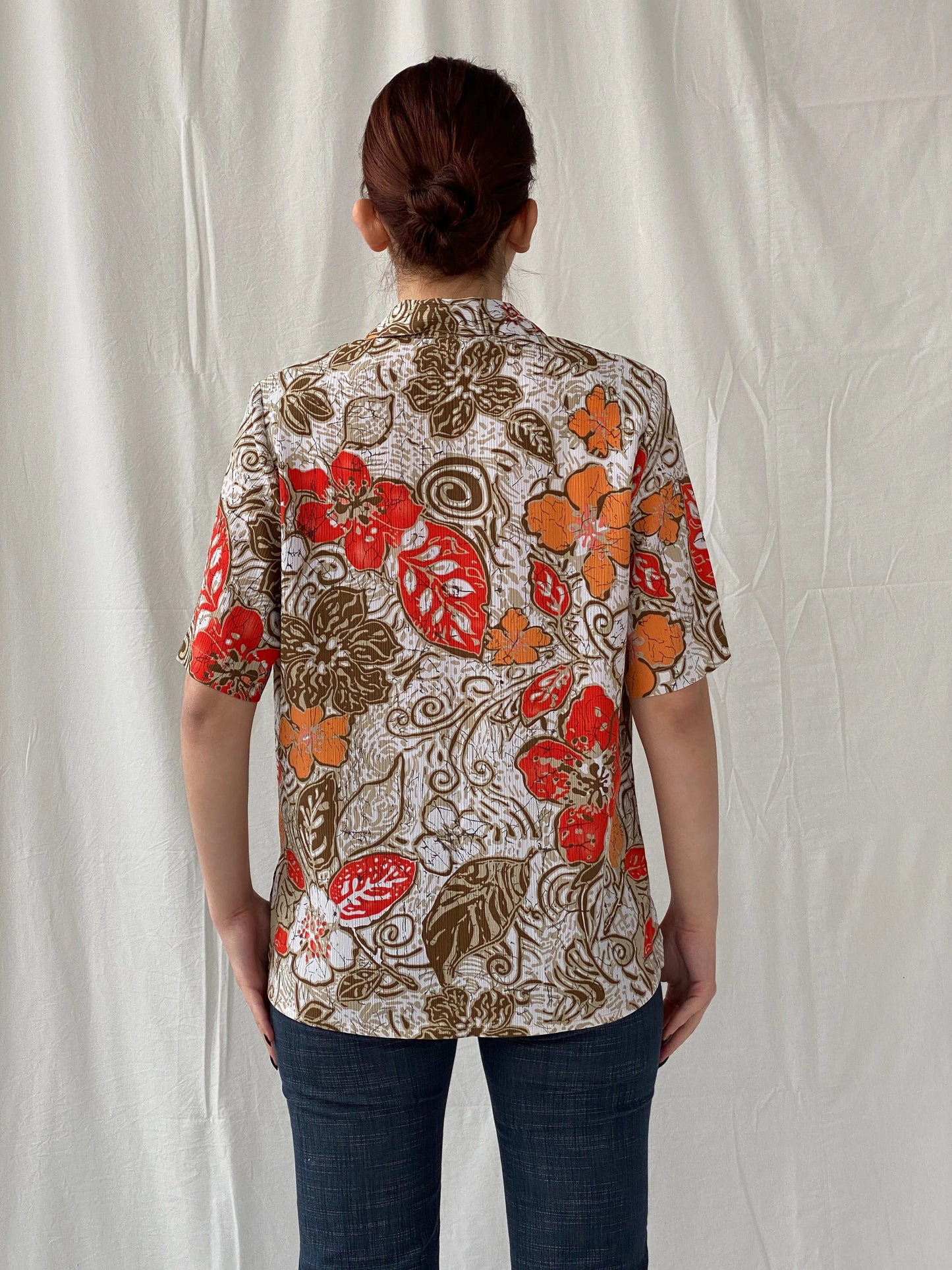 Vintage ALIA Orange Floral Women’s Short Sleeve Button Up Hawaiian Shirt - M - Balagan Vintage Half Sleeve Top 00s, Ayah, floral, floral print, floral shirt, sheer, sheer shirt, women top