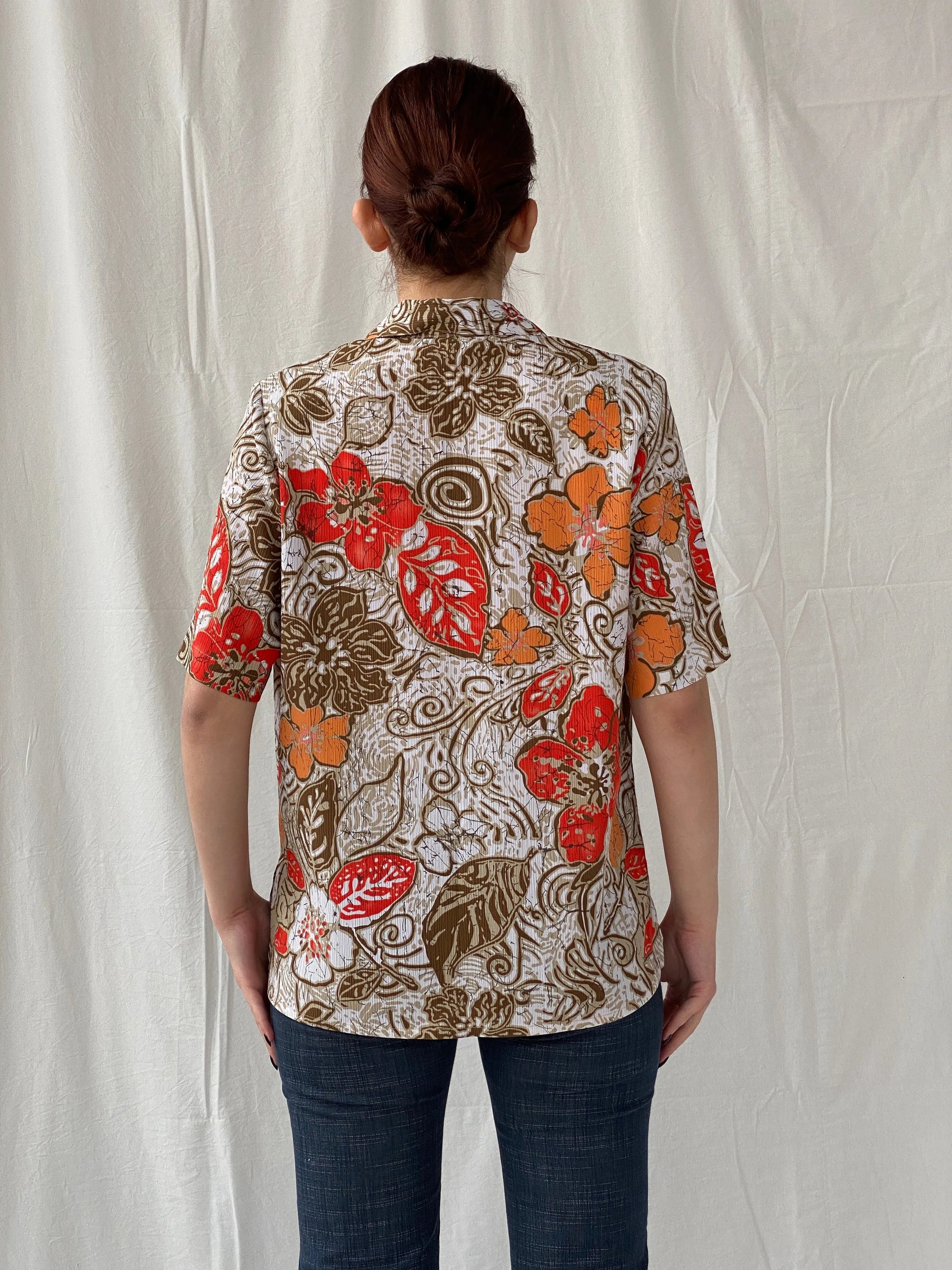 Vintage ALIA Orange Floral Women’s Short Sleeve Button Up Hawaiian Shirt - M - Balagan Vintage Half Sleeve Top 00s, Ayah, floral, floral print, floral shirt, sheer, sheer shirt, women top