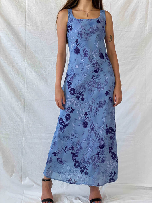 Vintage All That Jazz Blue & Navy Floral Sleeveless Maxi Dress - S - Balagan Vintage Maxi Dress 00s, 90s, Deals, maxi dress, Mira, Wedding Guest