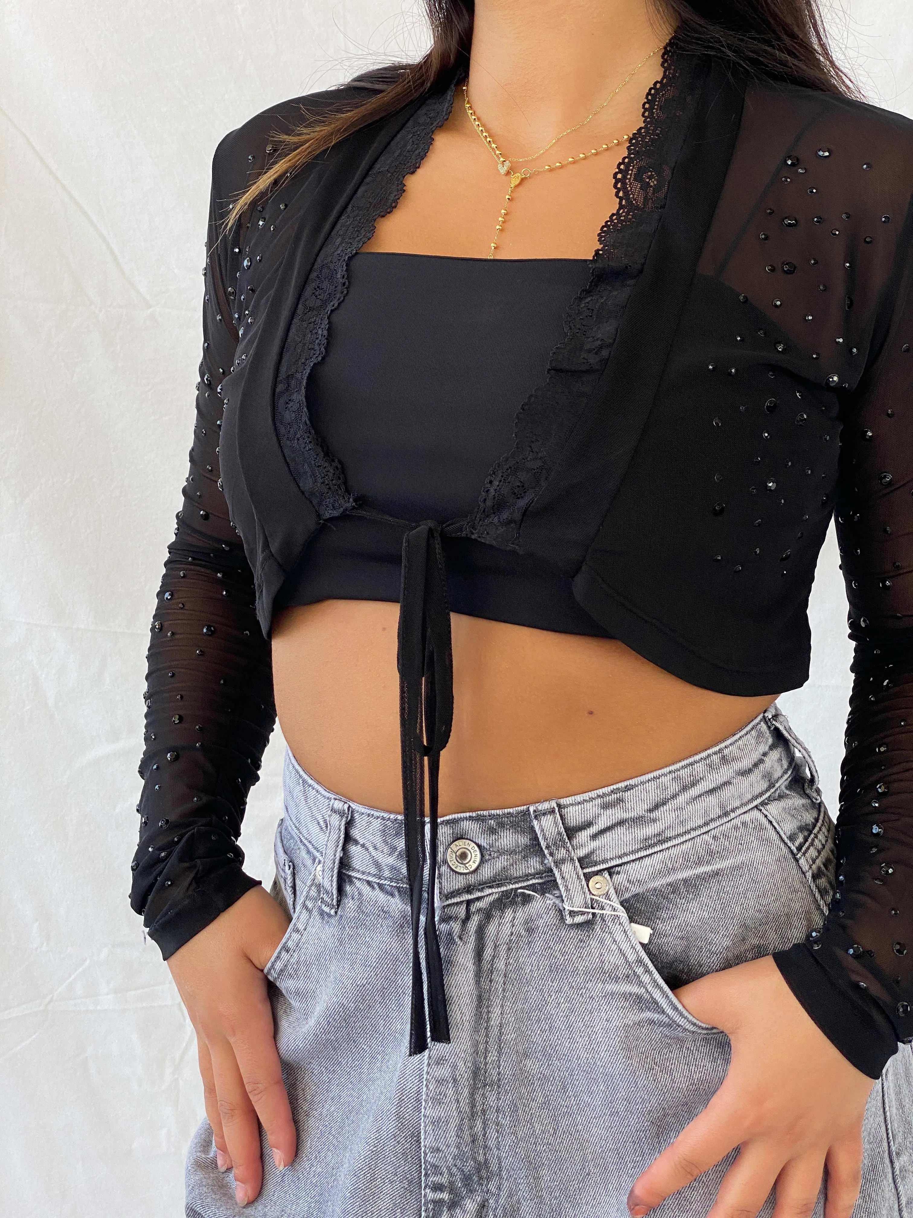 Vintage Angie Sheer Rhinestone Embellished Black Cardigan - M - Balagan Vintage Cardigan 00s, 90s, cardigan, Lana, mesh, mesh top, sheer