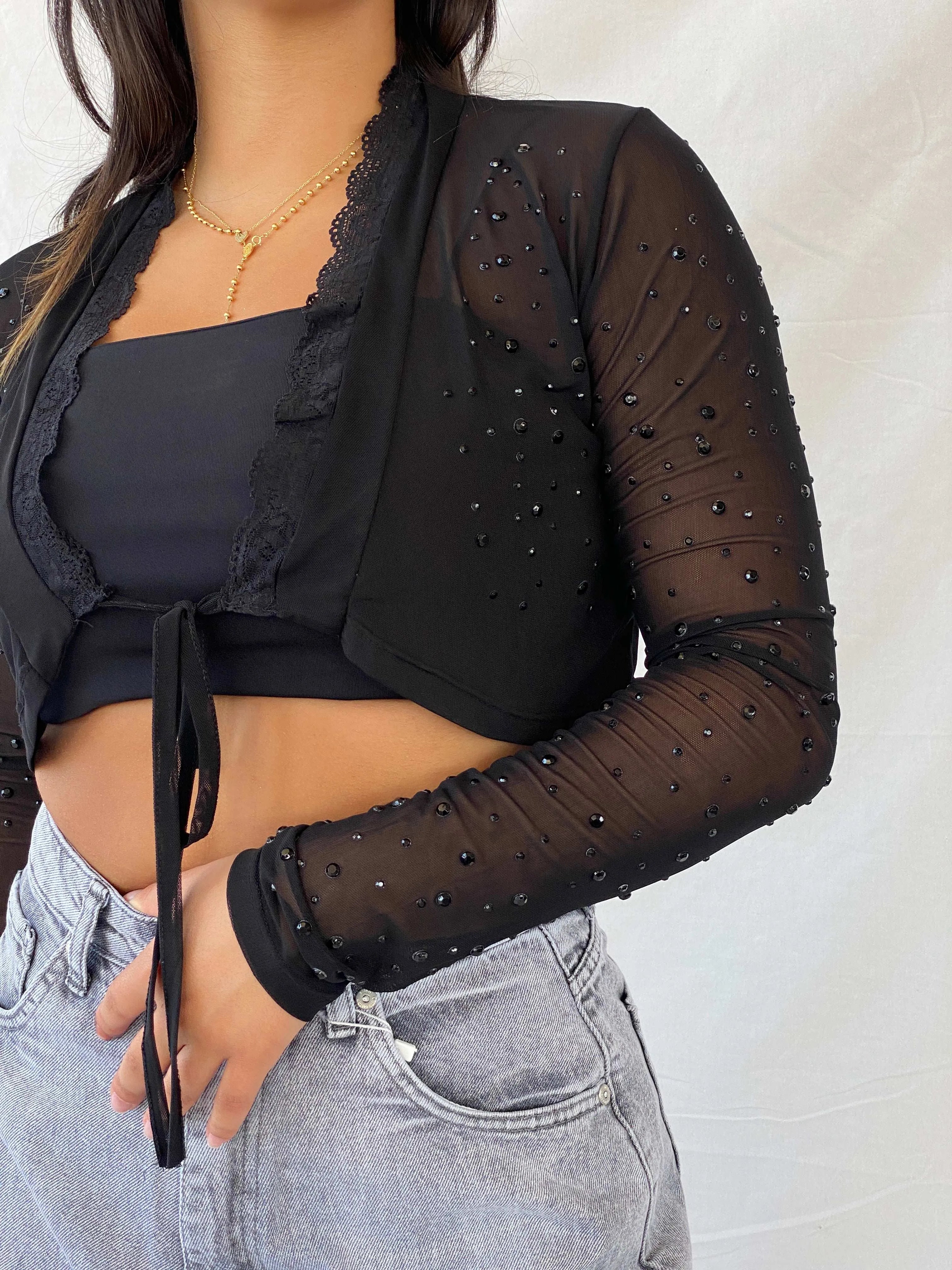 Vintage Angie Sheer Rhinestone Embellished Black Cardigan - M - Balagan Vintage Cardigan 00s, 90s, cardigan, Lana, mesh, mesh top, sheer