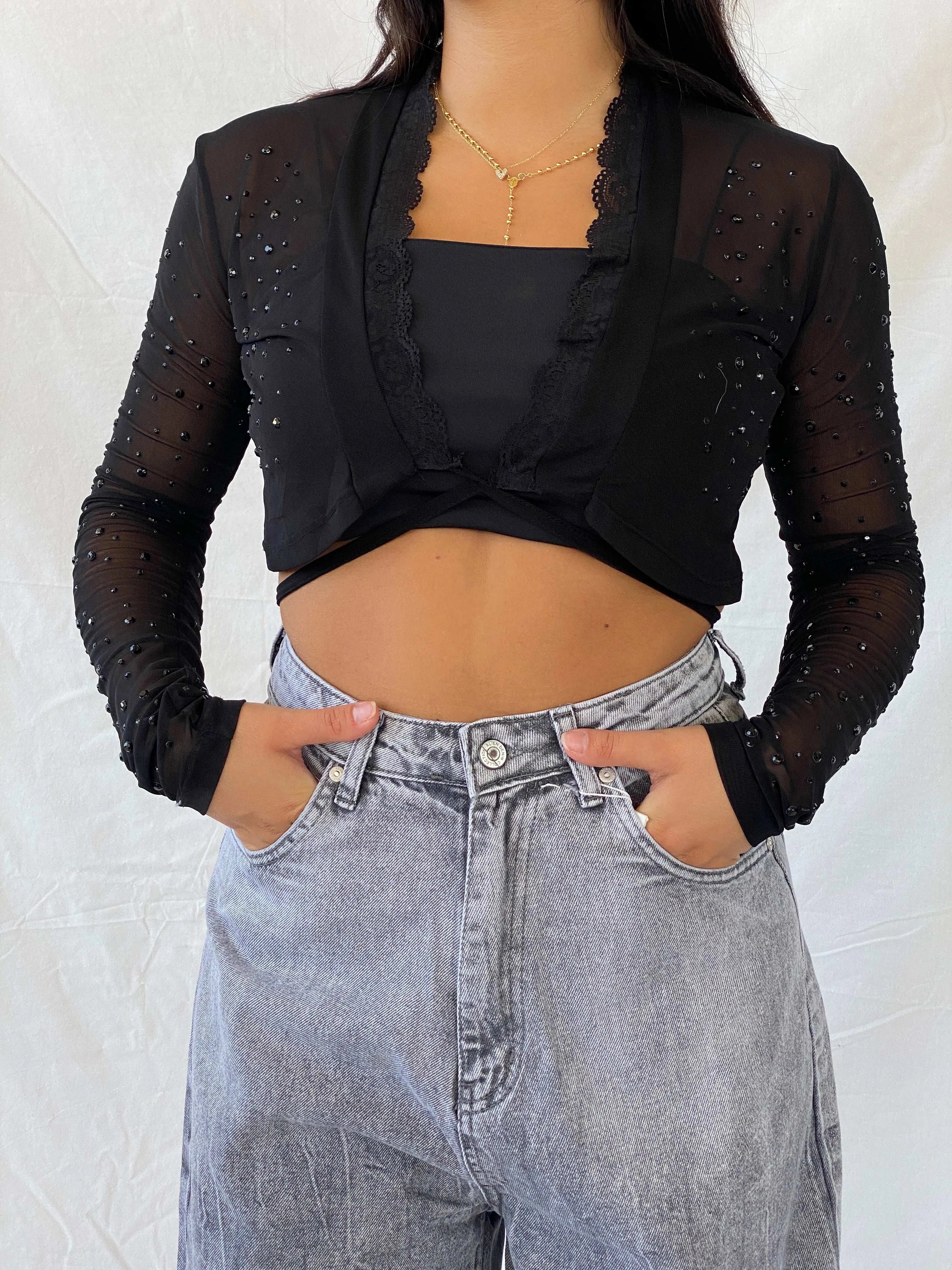 Vintage Angie Sheer Rhinestone Embellished Black Cardigan - M - Balagan Vintage Cardigan 00s, 90s, cardigan, Lana, mesh, mesh top, sheer