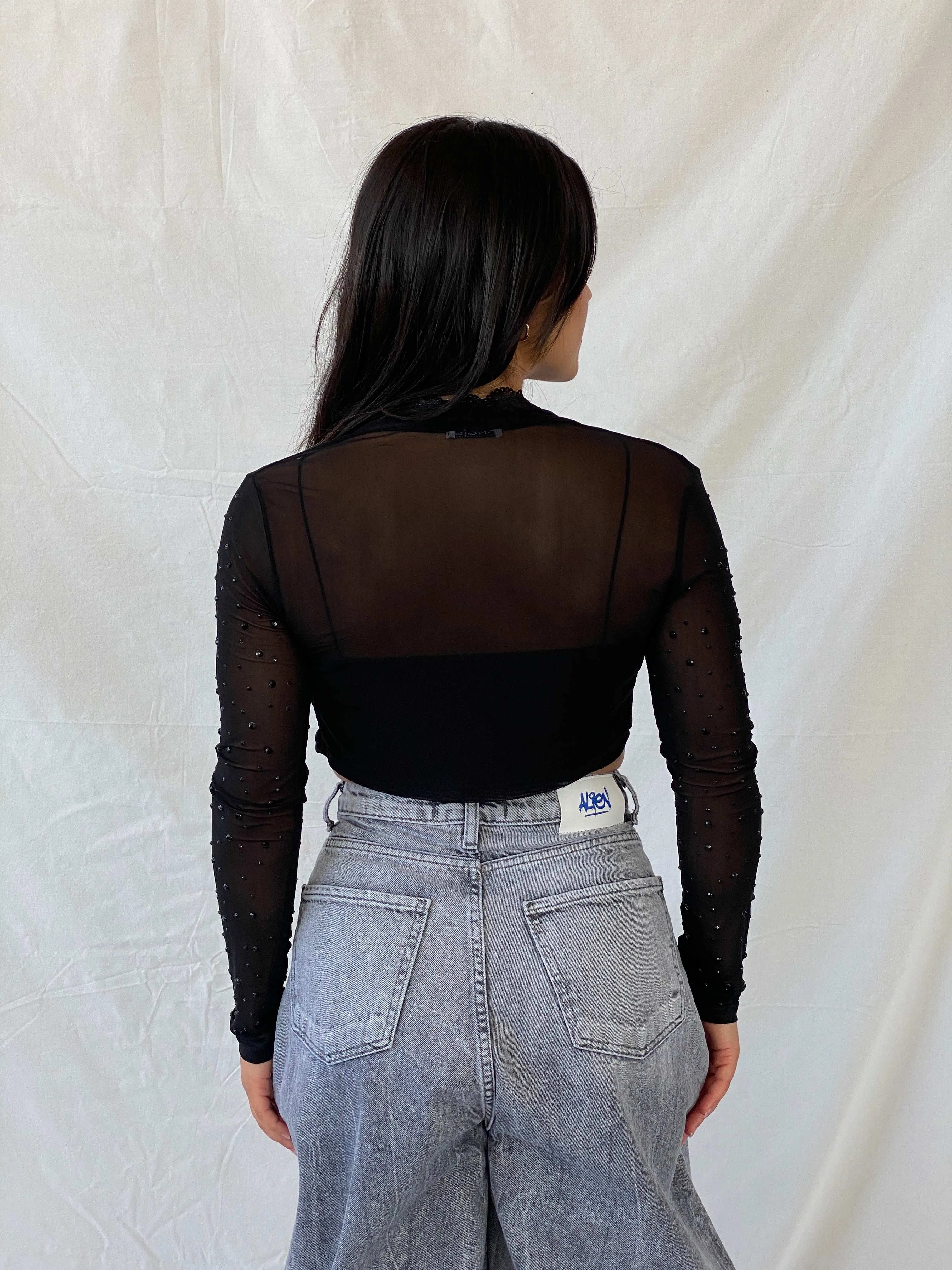 Vintage Angie Sheer Rhinestone Embellished Black Cardigan - M - Balagan Vintage Cardigan 00s, 90s, cardigan, Lana, mesh, mesh top, sheer