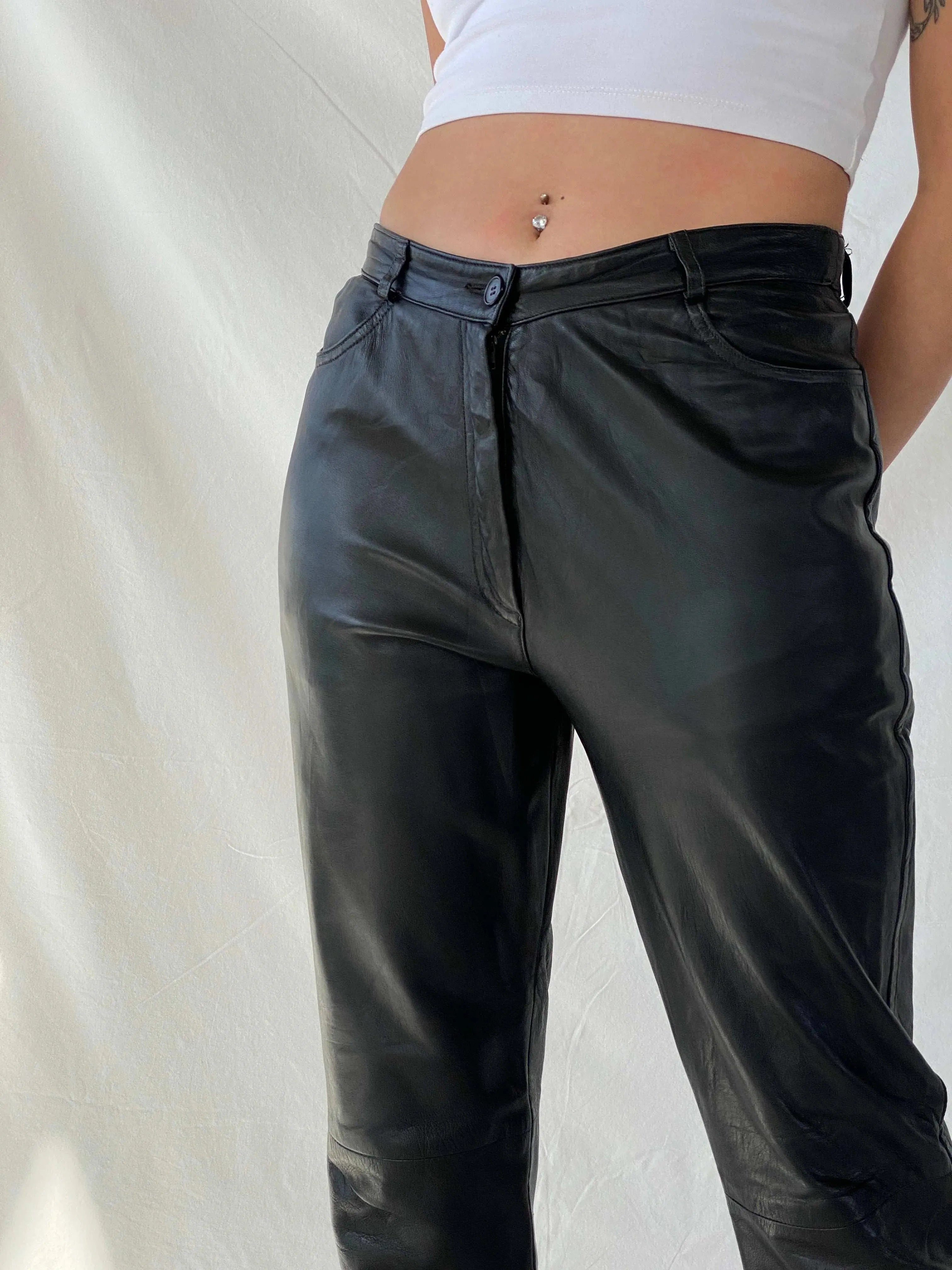 Vintage Aponaje Live Black Genuine Leather Motorcycle Pants - L - Balagan Vintage Pants genuine leather, leather, Mira, pants, women pants