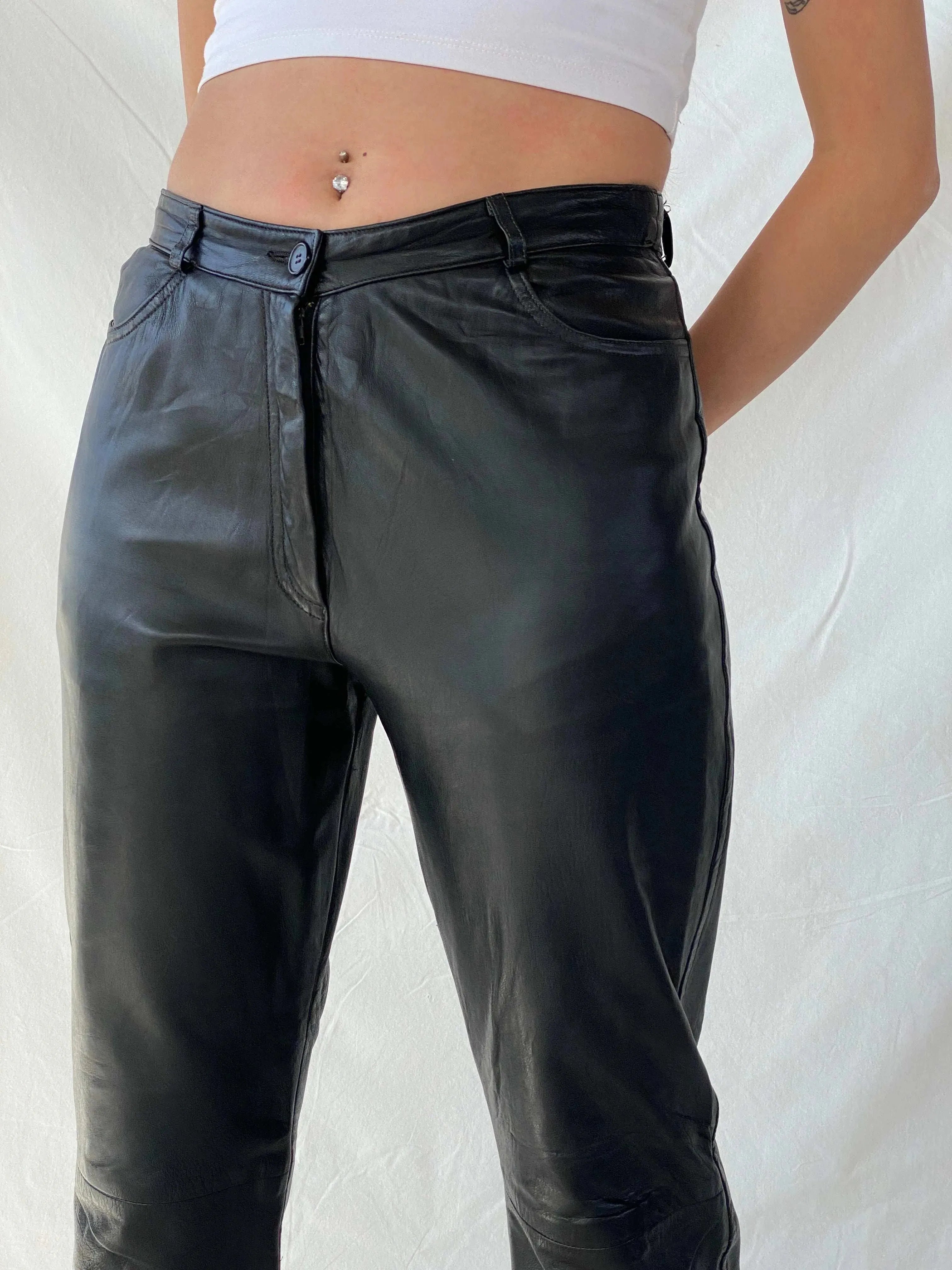 Vintage Aponaje Live Black Genuine Leather Motorcycle Pants - L - Balagan Vintage Pants genuine leather, leather, Mira, pants, women pants
