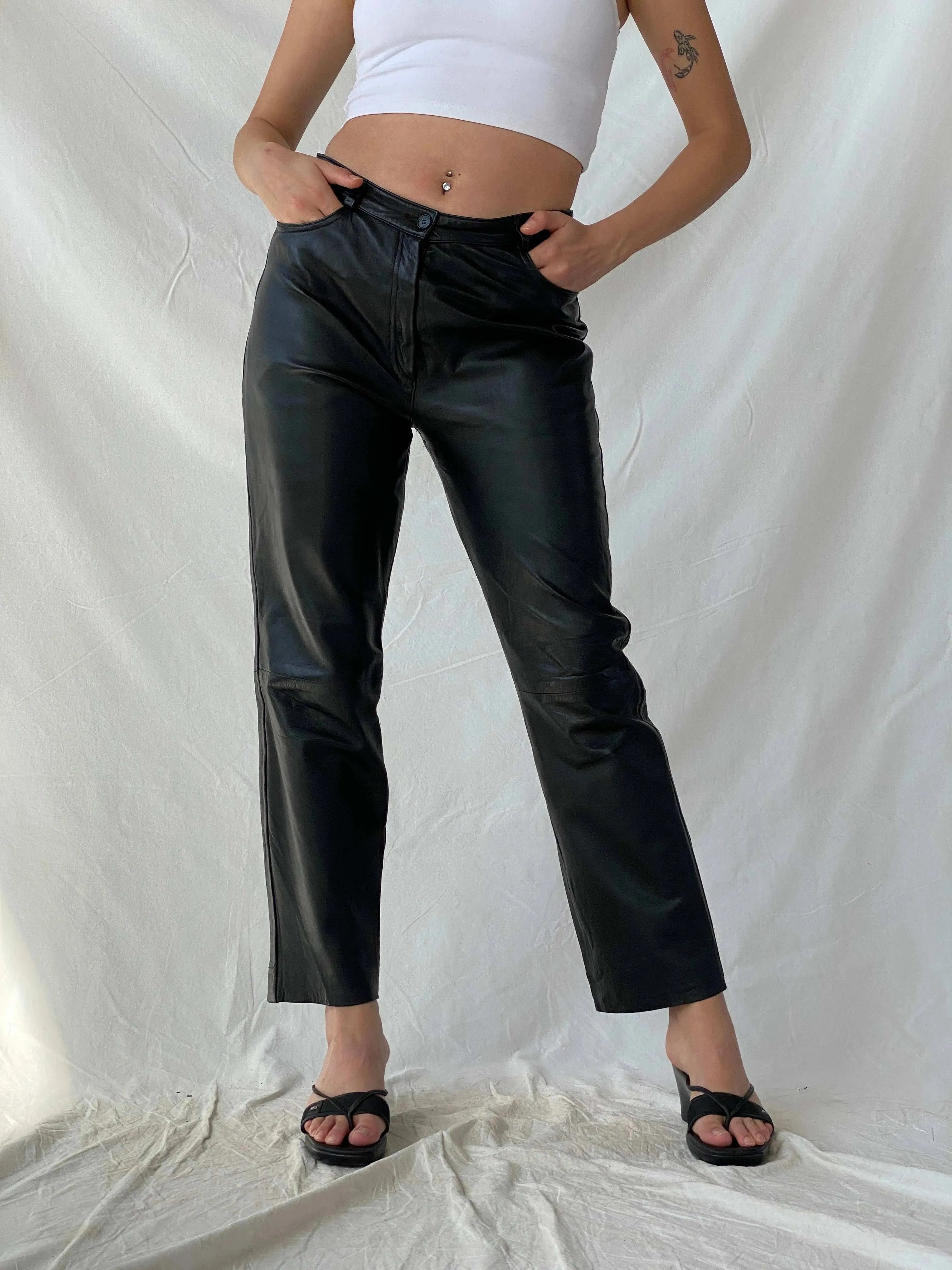 Vintage Aponaje Live Black Genuine Leather Motorcycle Pants - L - Balagan Vintage Pants genuine leather, leather, Mira, pants, women pants