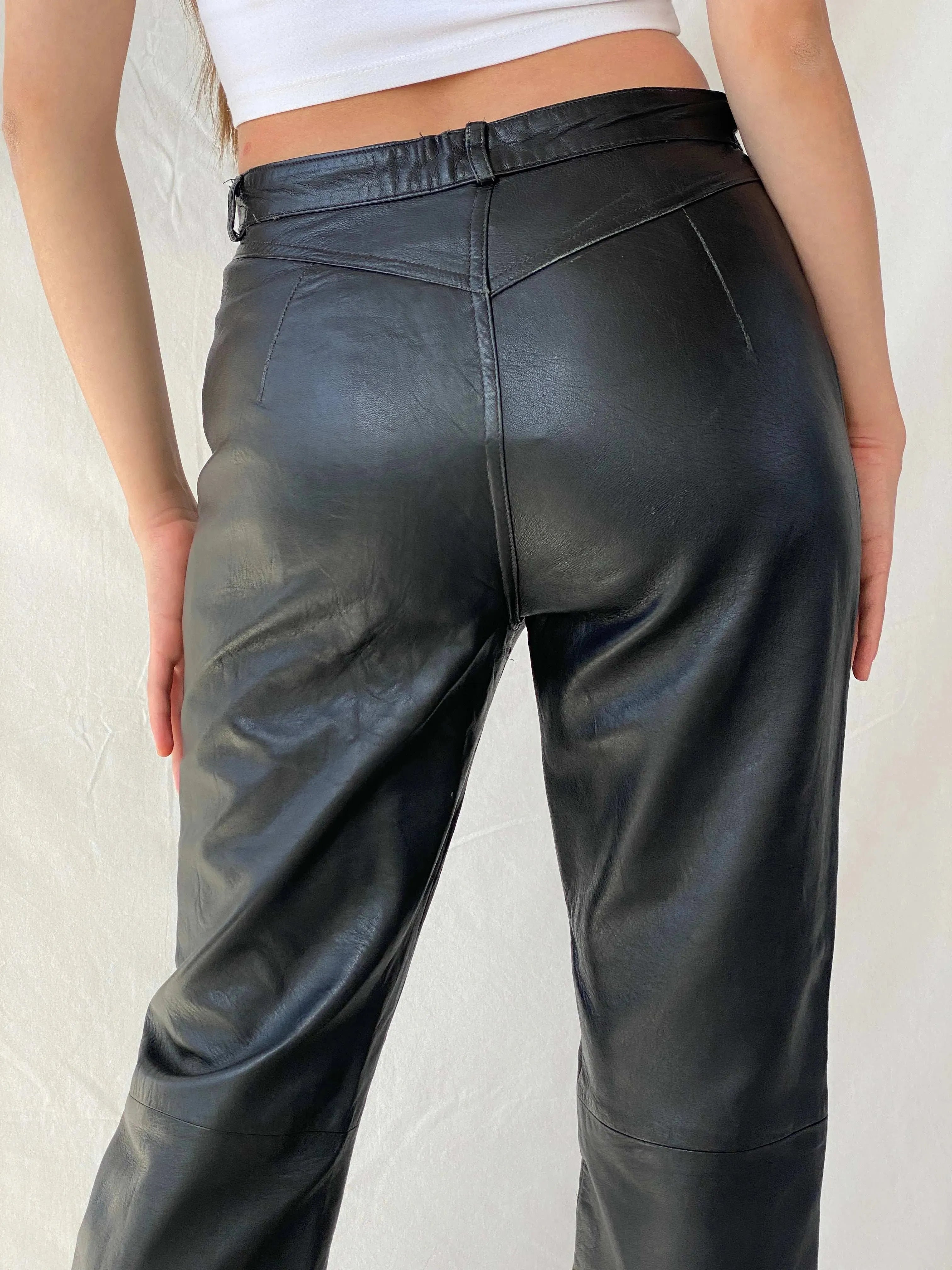 Vintage Aponaje Live Black Genuine Leather Motorcycle Pants - L - Balagan Vintage Pants genuine leather, leather, Mira, pants, women pants