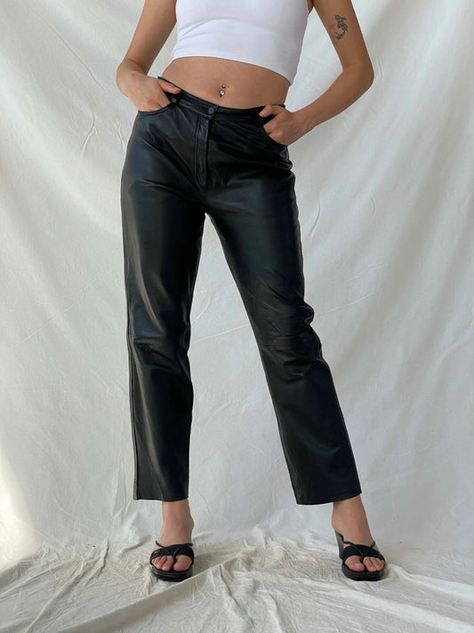 Vintage Aponaje Live Black Genuine Leather Motorcycle Pants - L - Balagan Vintage Pants genuine leather, leather, Mira, pants, women pants