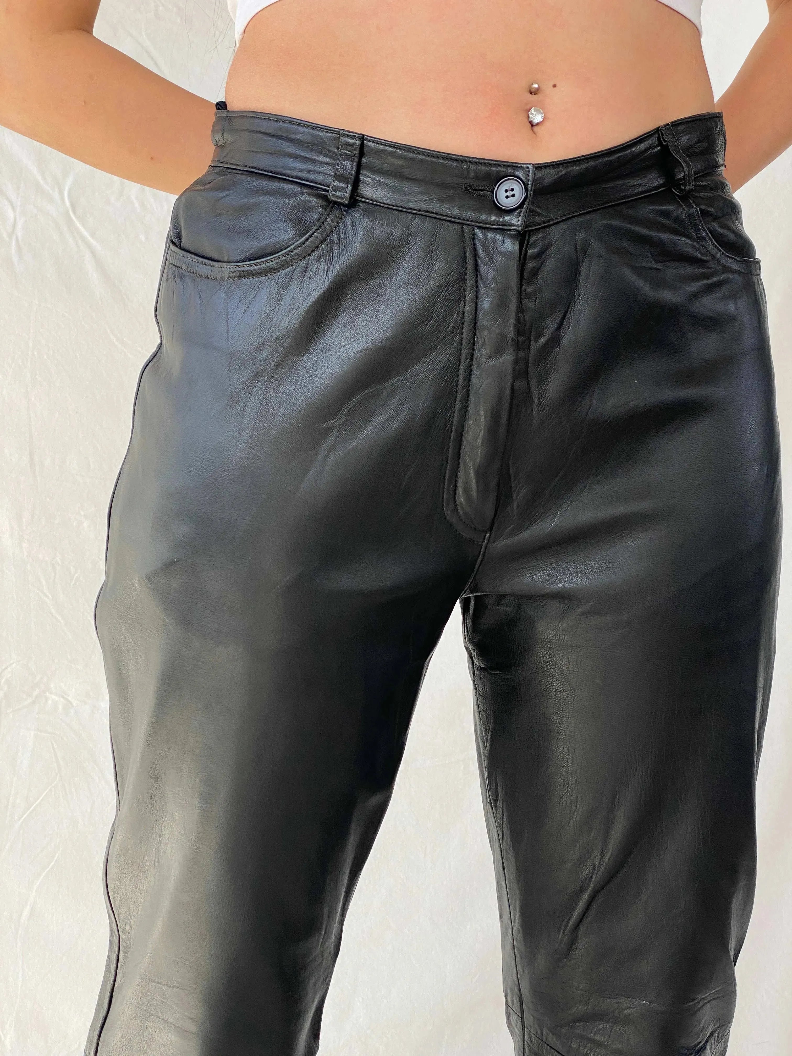 Vintage Aponaje Live Black Genuine Leather Motorcycle Pants - L - Balagan Vintage Pants genuine leather, leather, Mira, pants, women pants