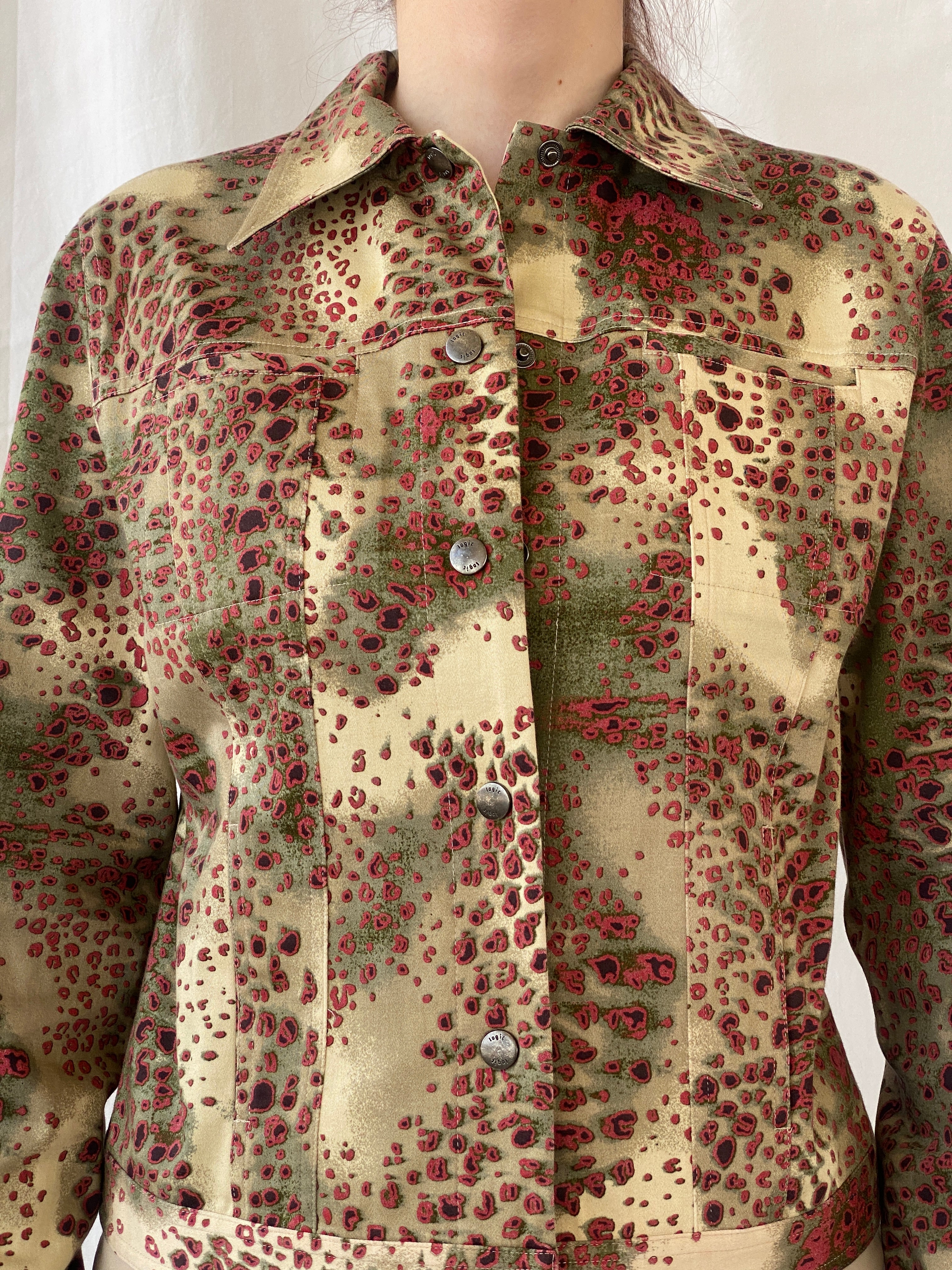 Vintage August Silk Logic Beige Red Animal Print Light Cotton Jacket - M - Balagan Vintage Jacket 00s, Ayah, blazer, Coats&Jackets, consignment, denim, full sleeve blazer, Tasnim, winter, Women's Blazers