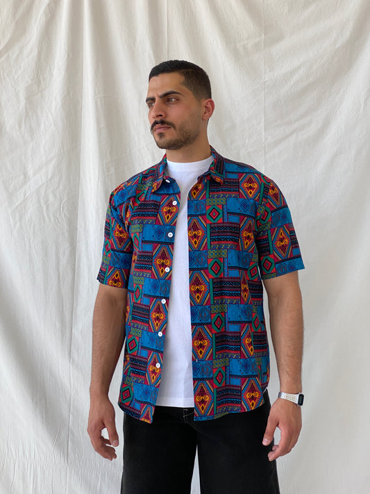 Vintage Aztec Tribal Blue Multi-Color Men’s Short Sleeve Shirt - L - Balagan Vintage Half Sleeve Shirt 90s, Afro print, half sleeve shirt, Hawaiian shirt, mens shirt, printed shirt, Ramez, silk