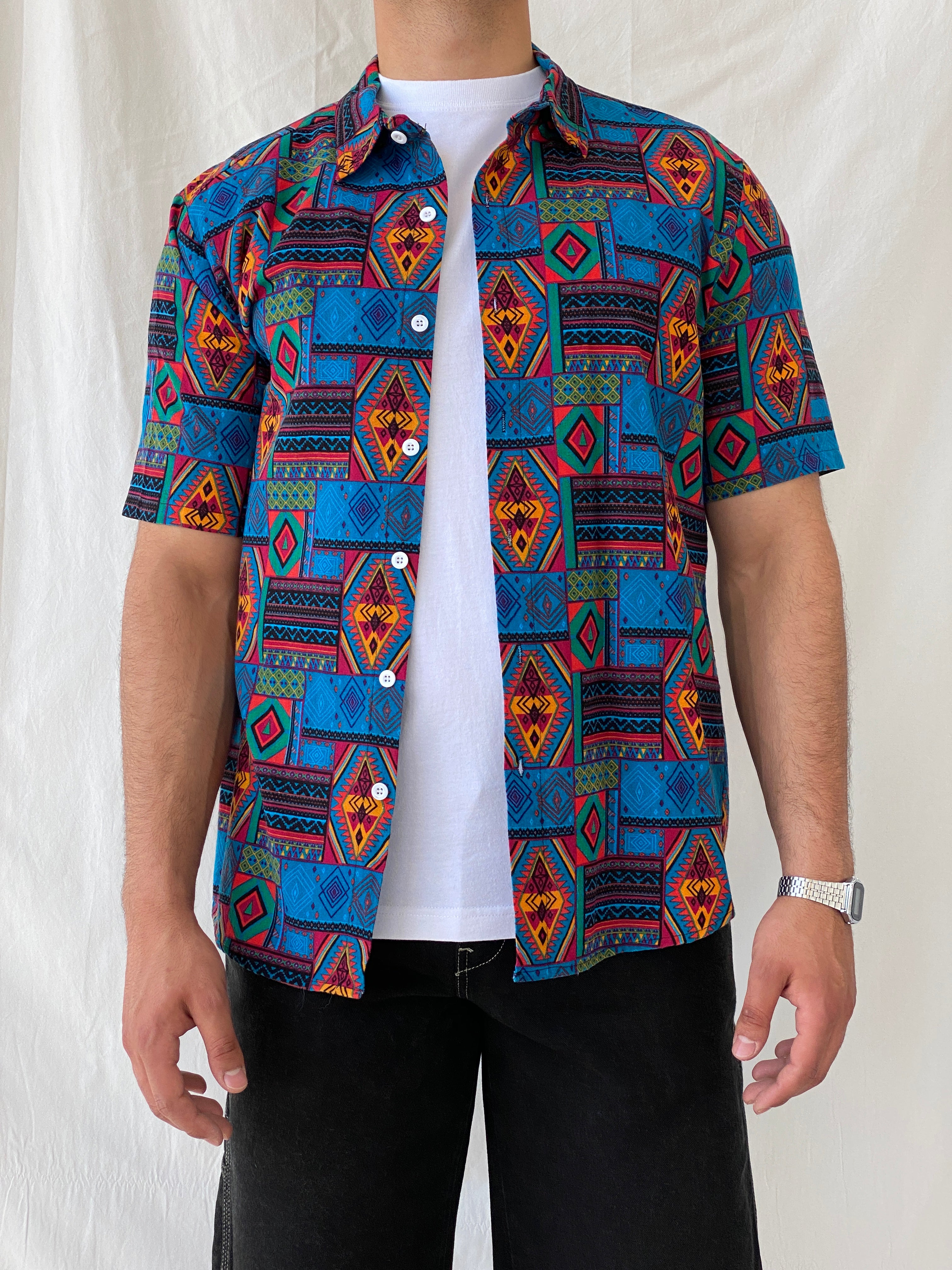 Vintage Aztec Tribal Blue Multi-Color Men’s Short Sleeve Shirt - L - Balagan Vintage Half Sleeve Shirt 90s, Afro print, half sleeve shirt, Hawaiian shirt, mens shirt, printed shirt, Ramez, silk