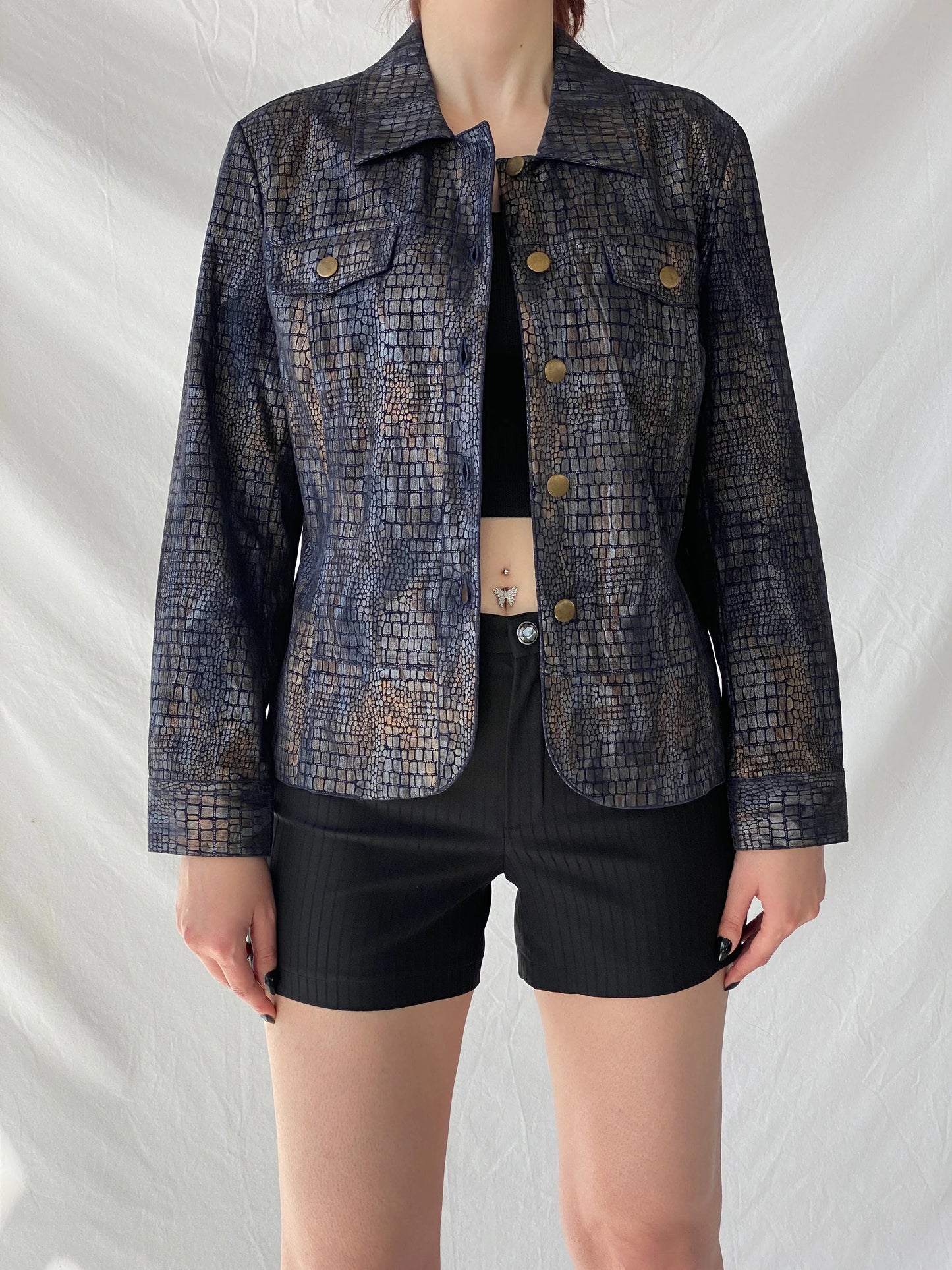 Vintage Bamboo Traders Petite Metallic Denim Snake Print Women’s Buttoned Blazer Jacket - L - Balagan Vintage Denim Jacket 00s, Ayah, Coats&Jackets, denim, denim jacket, winter, Women's Denim Jackets