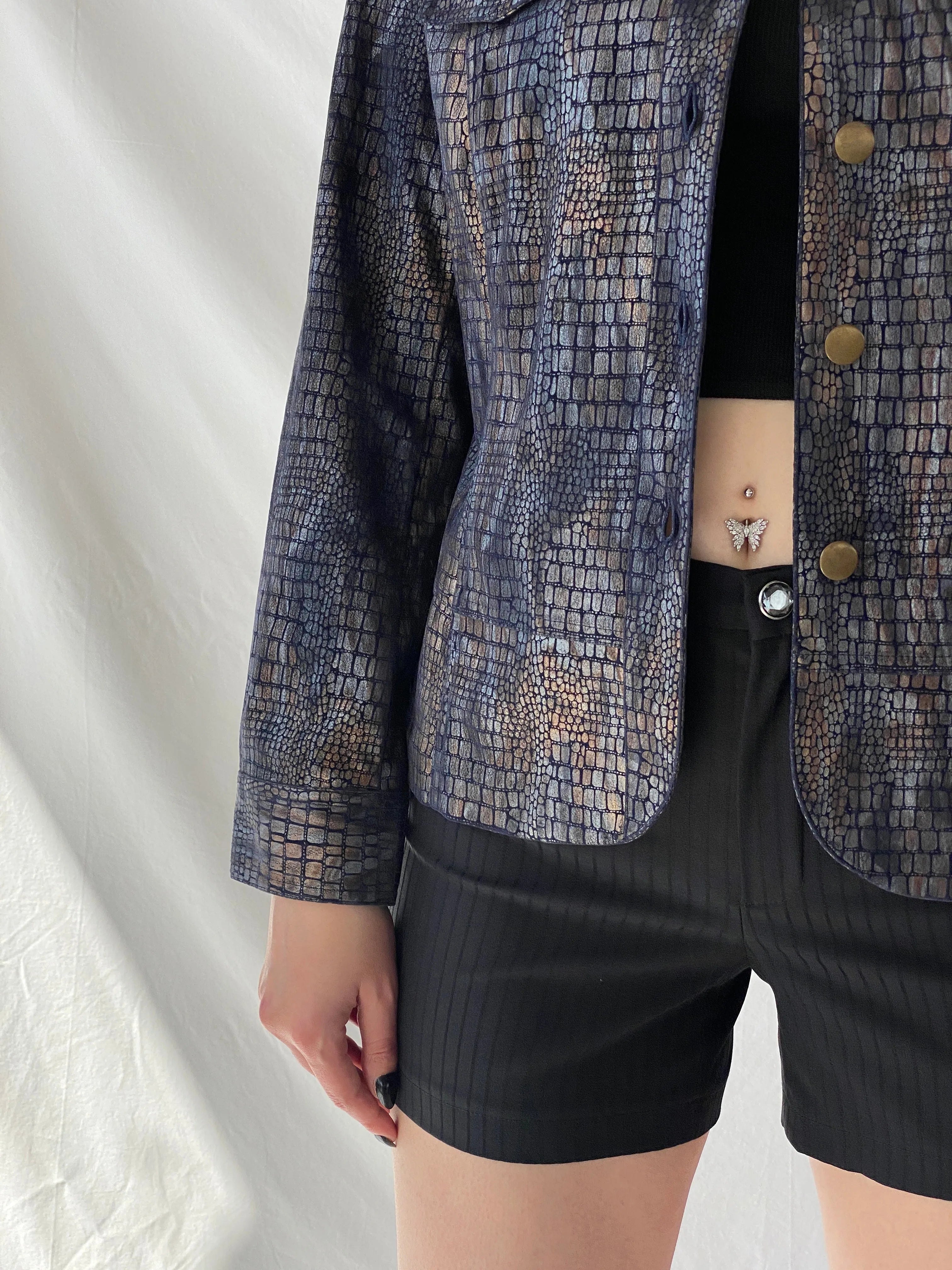 Vintage Bamboo Traders Petite Metallic Denim Snake Print Women’s Buttoned Blazer Jacket - L - Balagan Vintage Denim Jacket 00s, Ayah, Coats&Jackets, denim, denim jacket, winter, Women's Denim Jackets