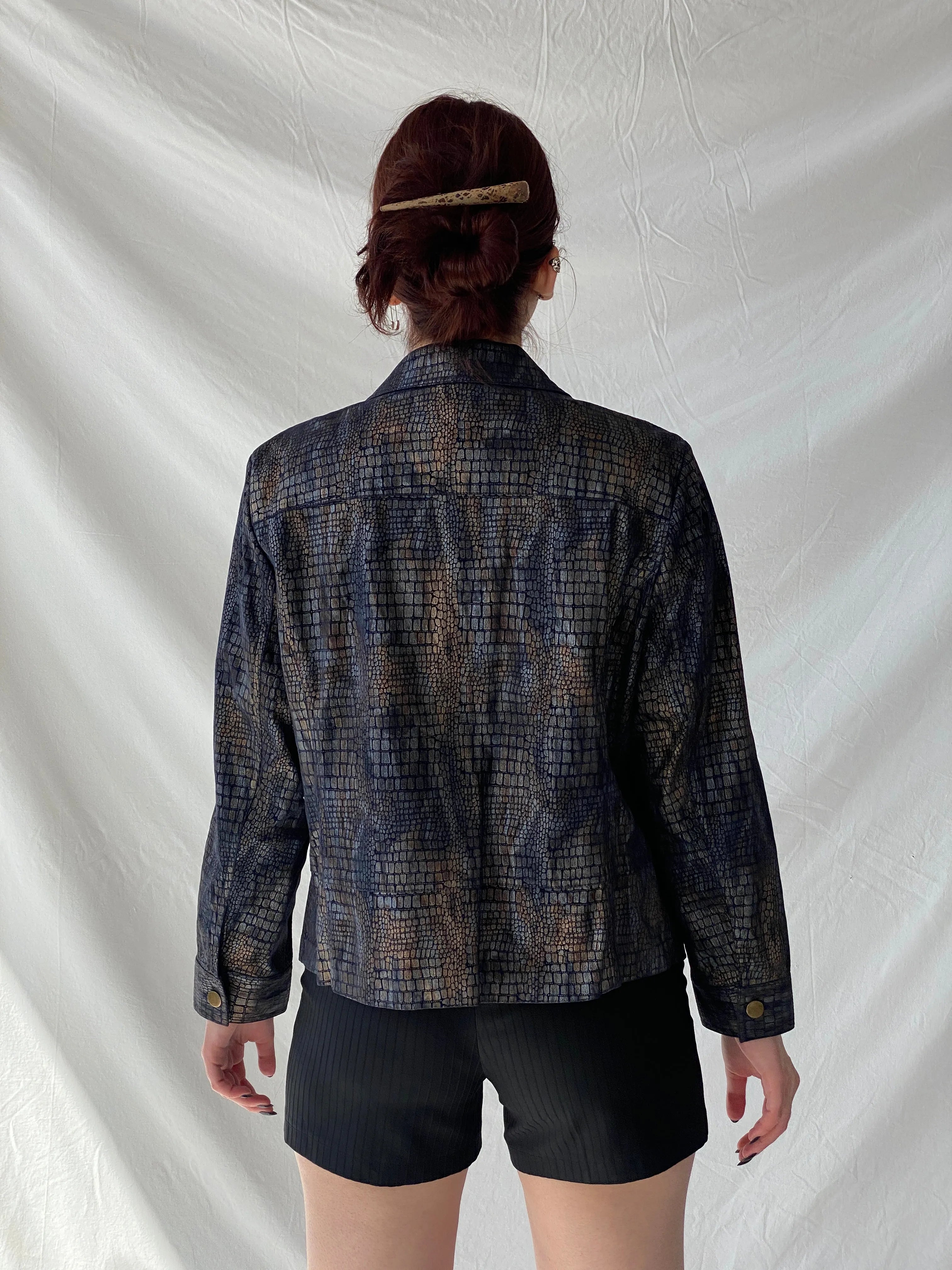 Vintage Bamboo Traders Petite Metallic Denim Snake Print Women’s Buttoned Blazer Jacket - L - Balagan Vintage Denim Jacket 00s, Ayah, Coats&Jackets, denim, denim jacket, winter, Women's Denim Jackets